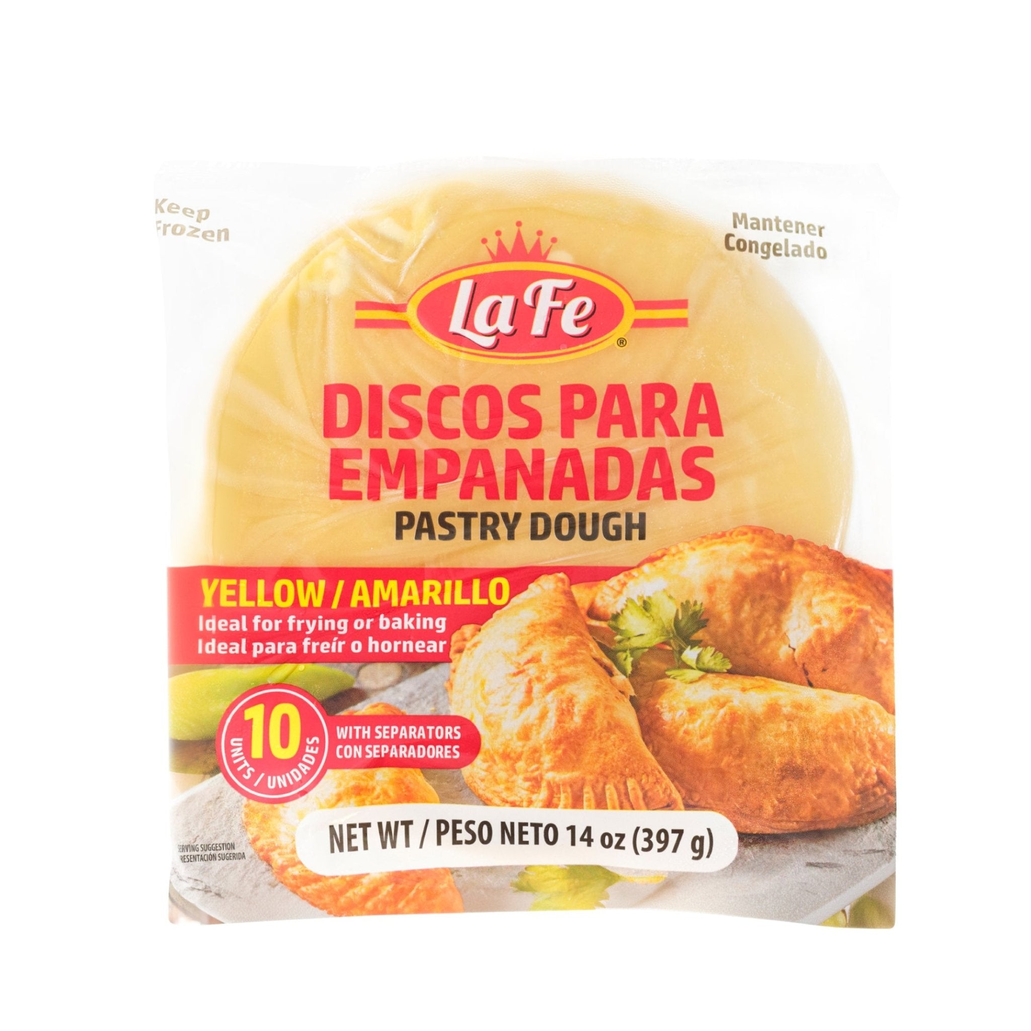 La Fe empanada dough, yellow pastry dough ideal for frying or baking, perfect for authentic Latin food.