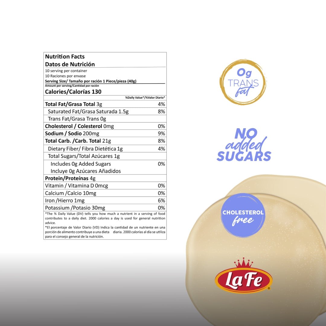 Nutrition facts for La Fe flour tortillas, highlighting zero trans fats, no added sugars, and cholesterol-free ingredients.