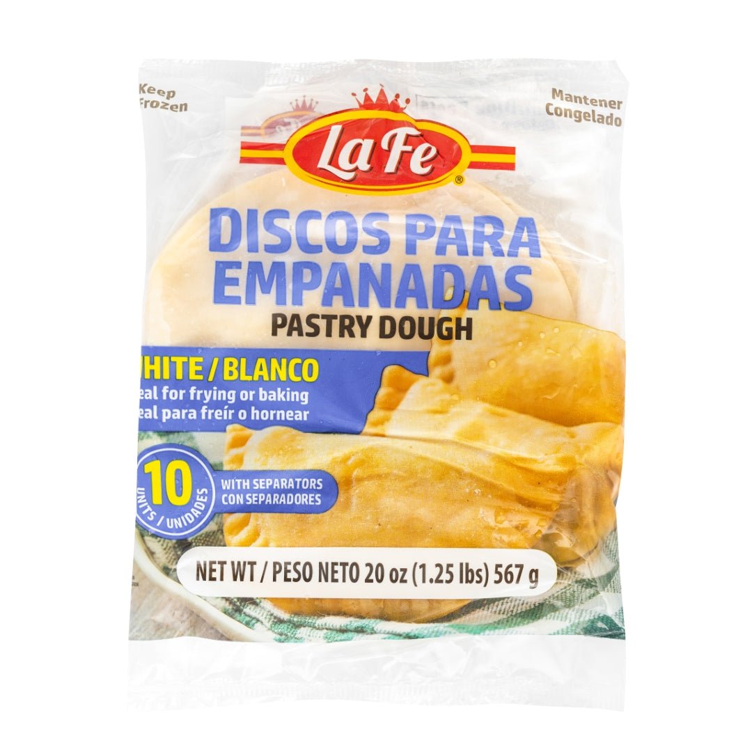 La Fe Discos White empanada dough, ideal for authentic Latin cuisine, 20 oz pack for delicious meals, buy Latin food online.