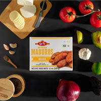 LA FE Platanos Maduros 11 oz packaging with fresh ingredients, perfect for authentic Latin dishes and delicious tropical flavors.