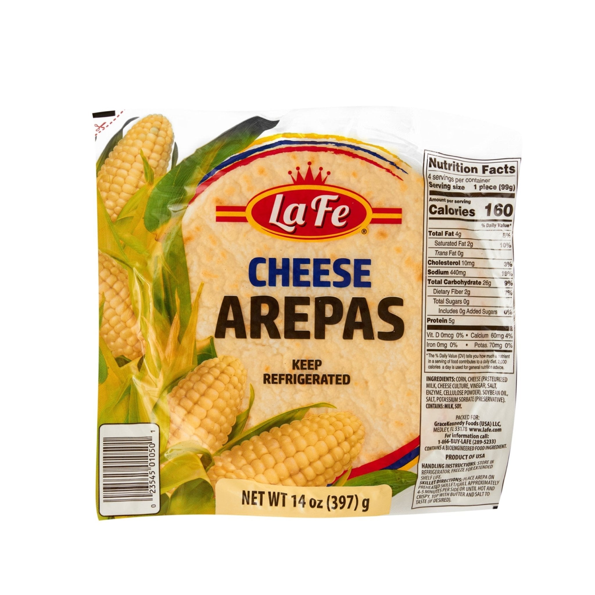 La Fe Cheese Arepas package - authentic Venezuelan food, pre-cooked for easy meals, 14 oz, fresh Latin flavors.