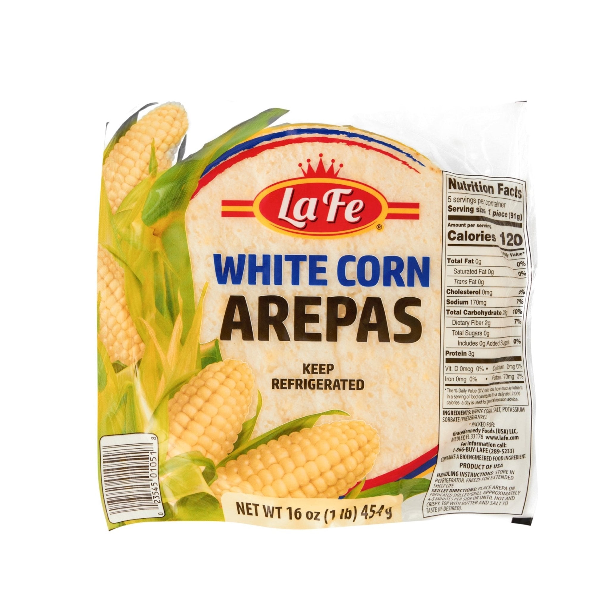 Lafe Arepas Blanca 16 oz pack, gluten-free authentic Latin food, perfect for fresh meals and tropical flavors.