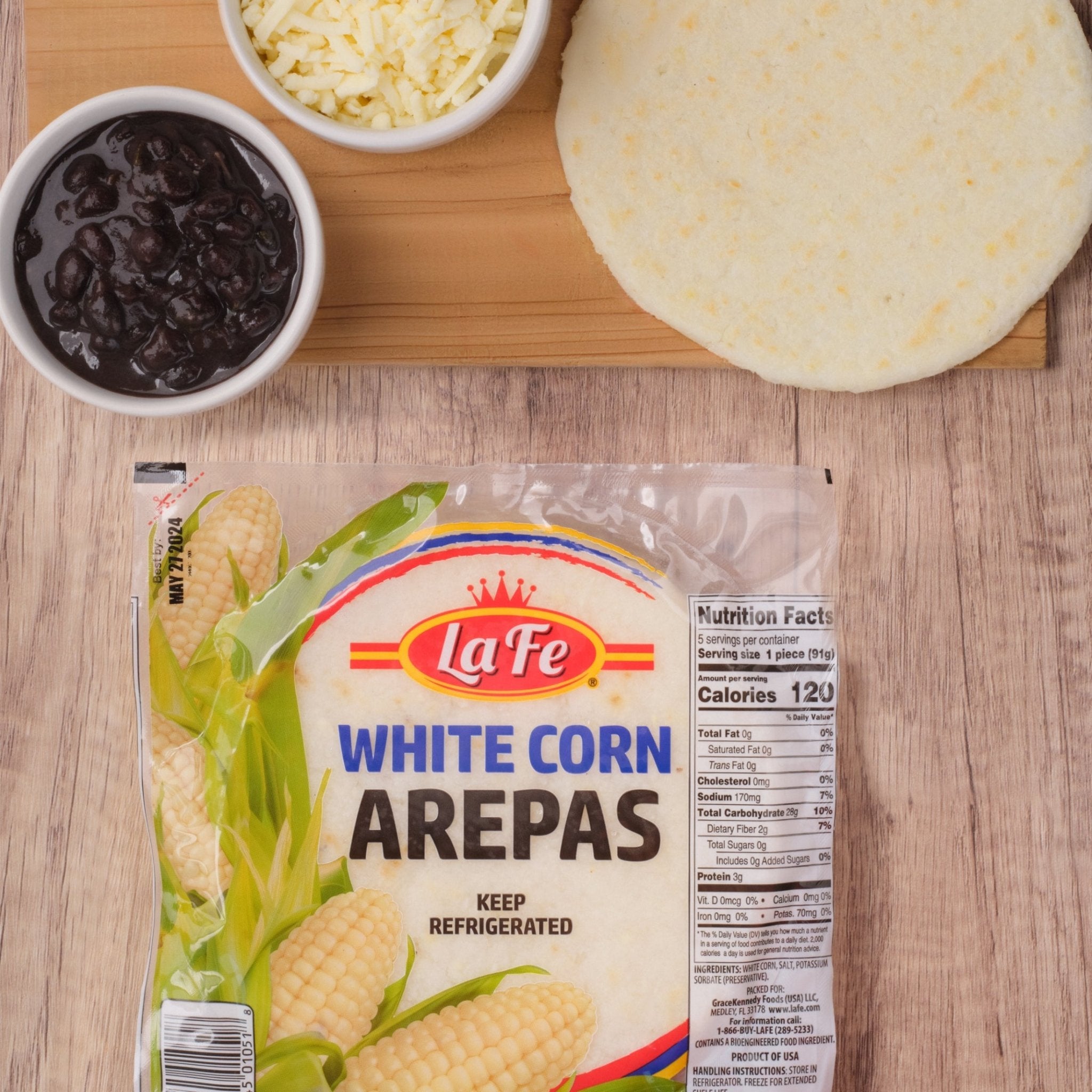 Lafe Arepas Blanca with black beans and cheese, a staple in authentic Latin cuisine, perfect for your pantry.