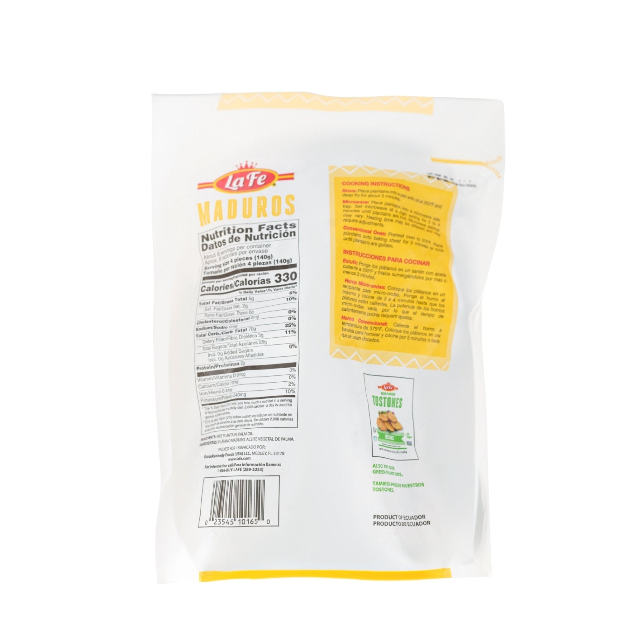 LA FE Sweet Plantain pack featuring nutritional facts and quality ingredients for authentic Latin flavors.
