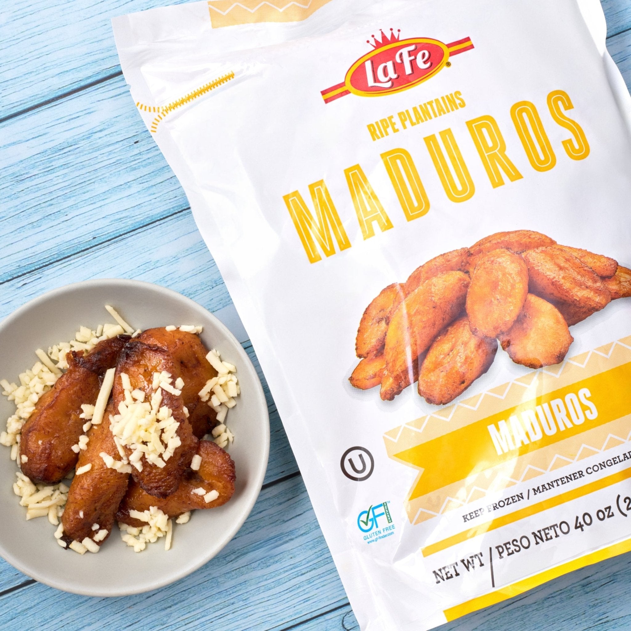 La Fe Ripe Plantains Maduritos pack with serving in a bowl, ideal for authentic Latin food experiences.