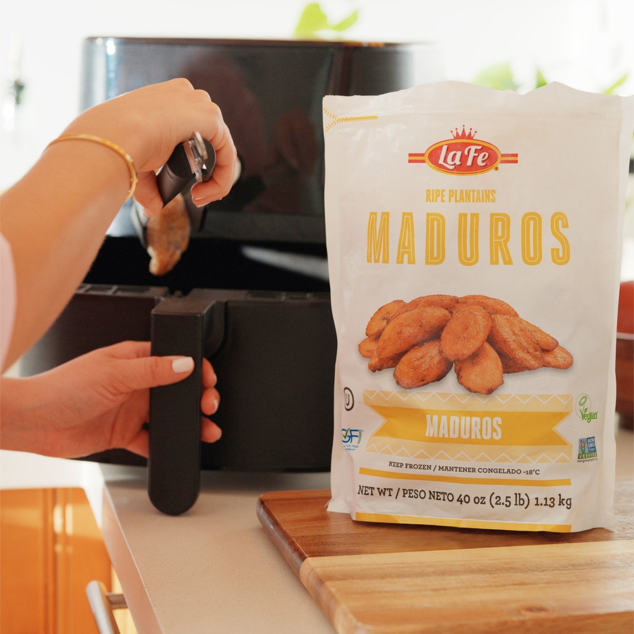 La Fe Family Pack Madurs Ripe Plantains being prepared for cooking, ideal for authentic Latin food lovers.