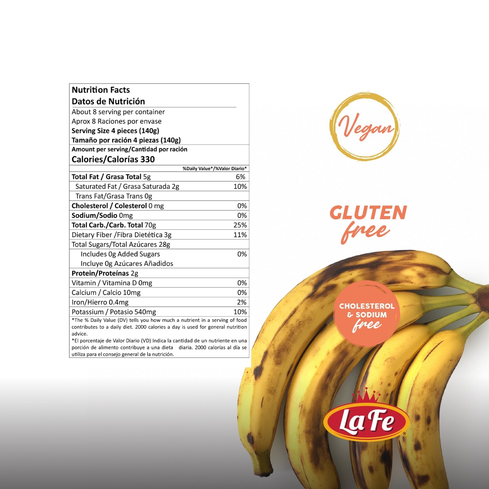 Nutrition label for La Fe Sweet Plantain, vegan and gluten-free, showcasing quality latin food ingredients.