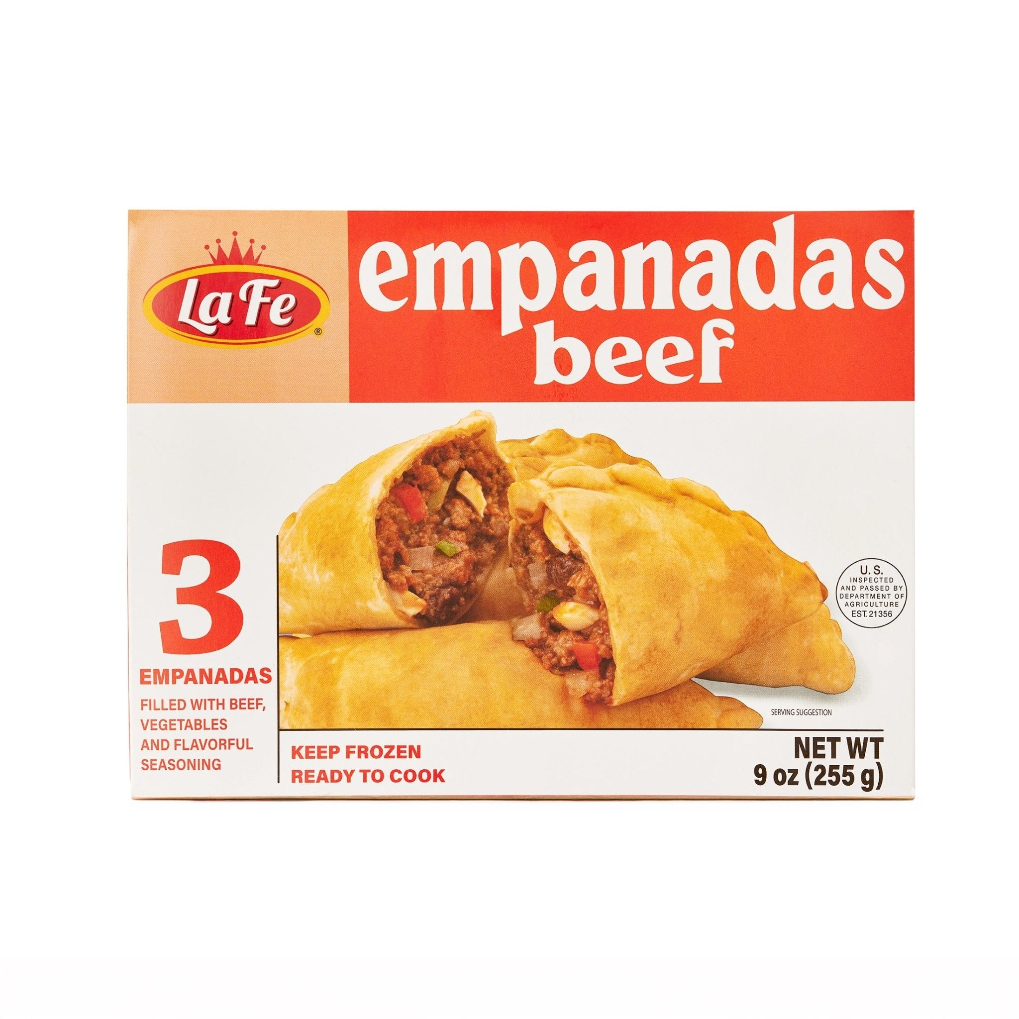 La Fe Beef Empanadas package, featuring three savory pastries filled with seasoned beef, authentic Latin flavors.