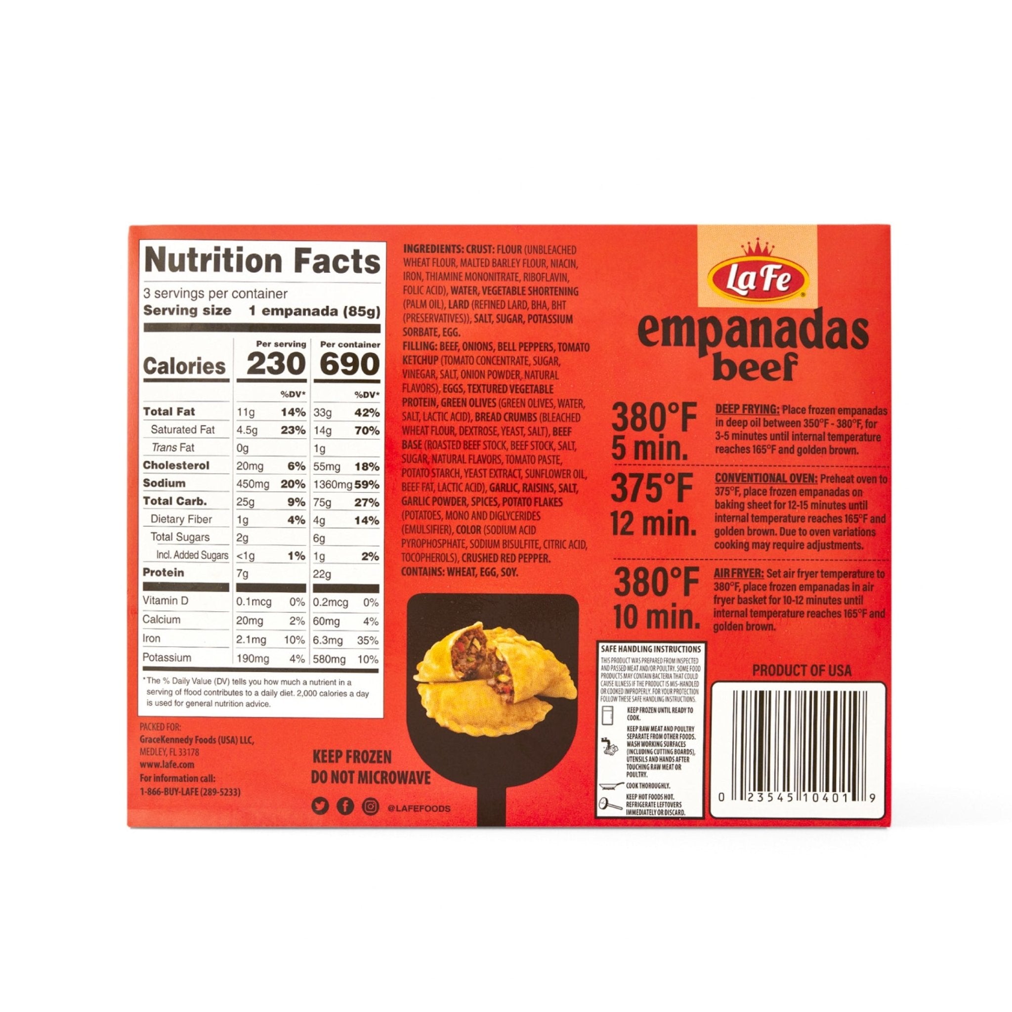 La Fe Beef Empanadas package showcasing nutrition facts and cooking instructions for authentic Latin flavors.