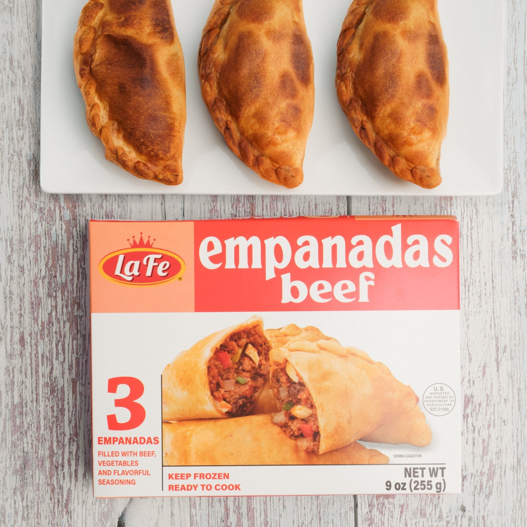 La Fe Beef Empanadas, authentic Latin food, frozen pastries filled with seasoned beef, ready to cook, 9 oz pack.