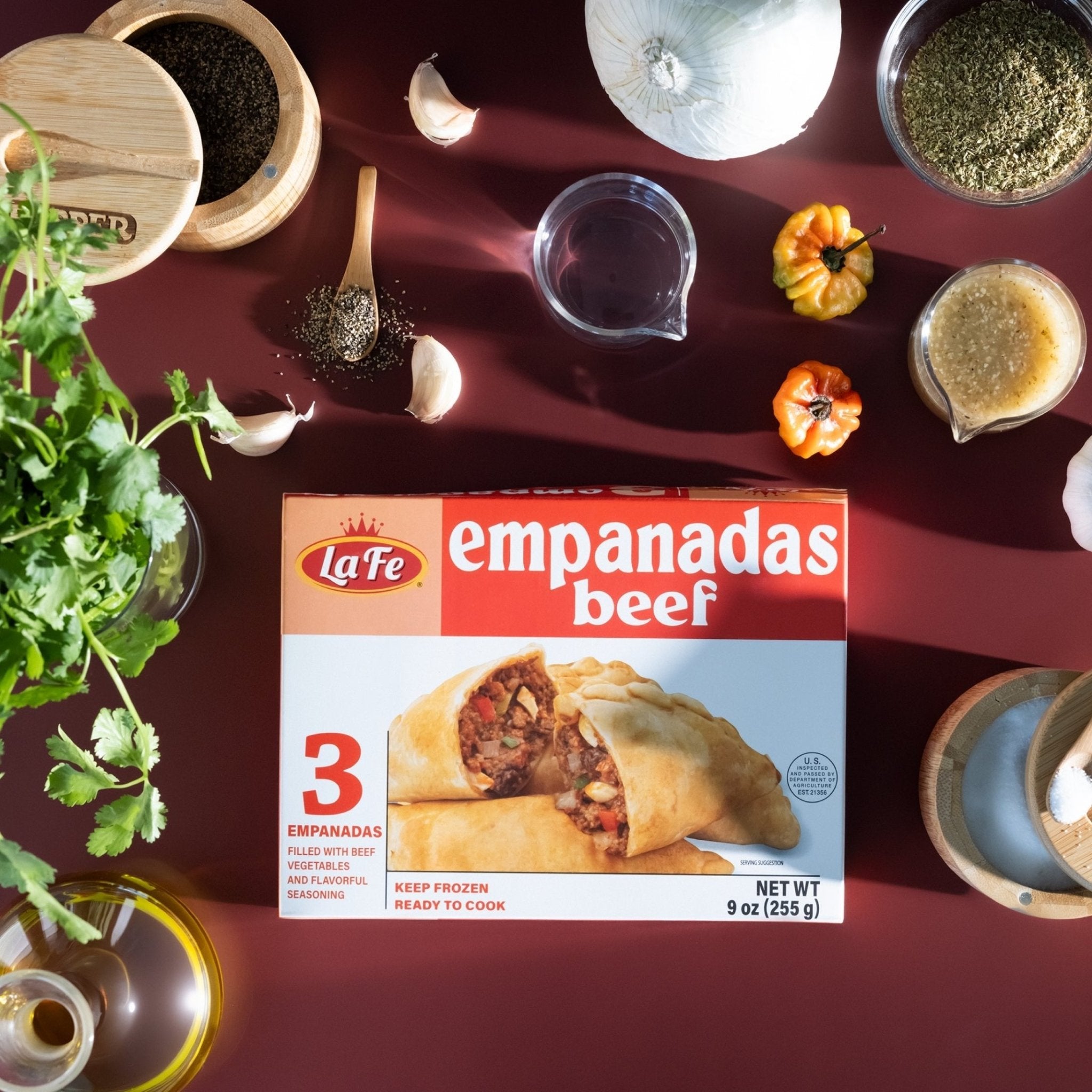 La Fe Beef Empanadas box featuring savory pastries, rich Latin American flavors, perfect for authentic Latin food lovers.
