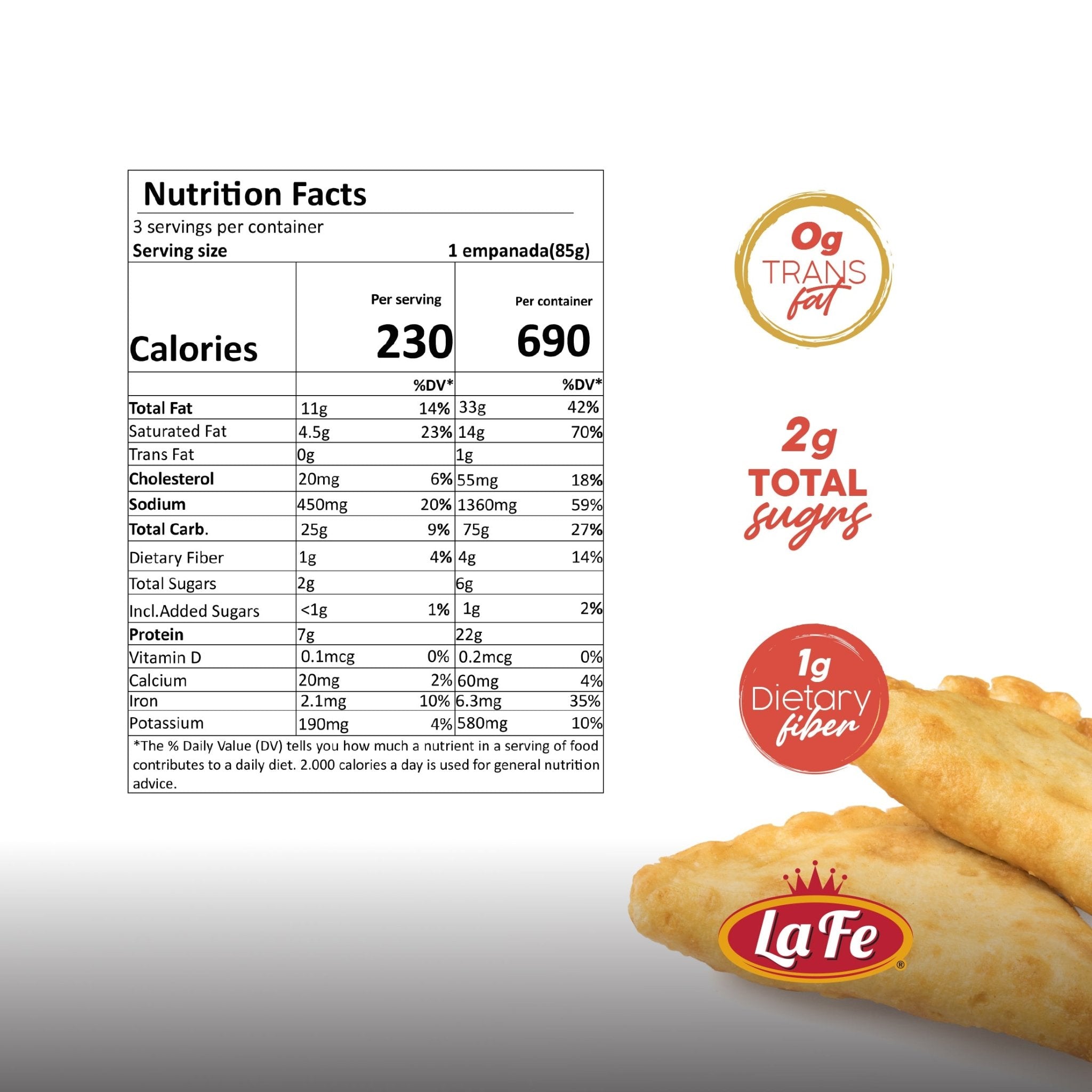 Nutrition facts for La Fe Beef Empanadas showing calories and dietary information, ideal for quality Latin foods.