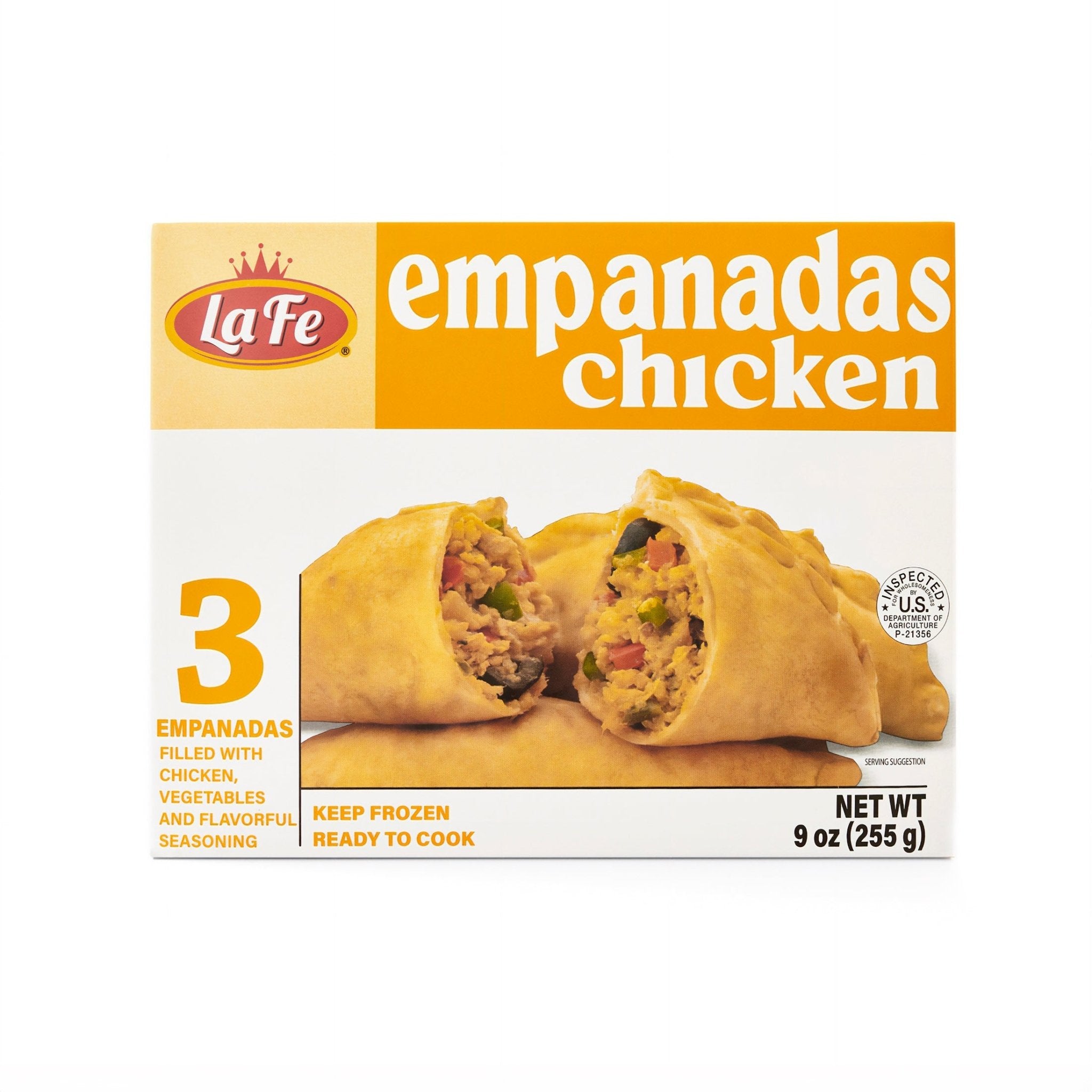 LA FE chicken empanadas, delicious Latin food, quick meal, frozen Latin products, flavorful snacks, authentic Hispanic cuisine.