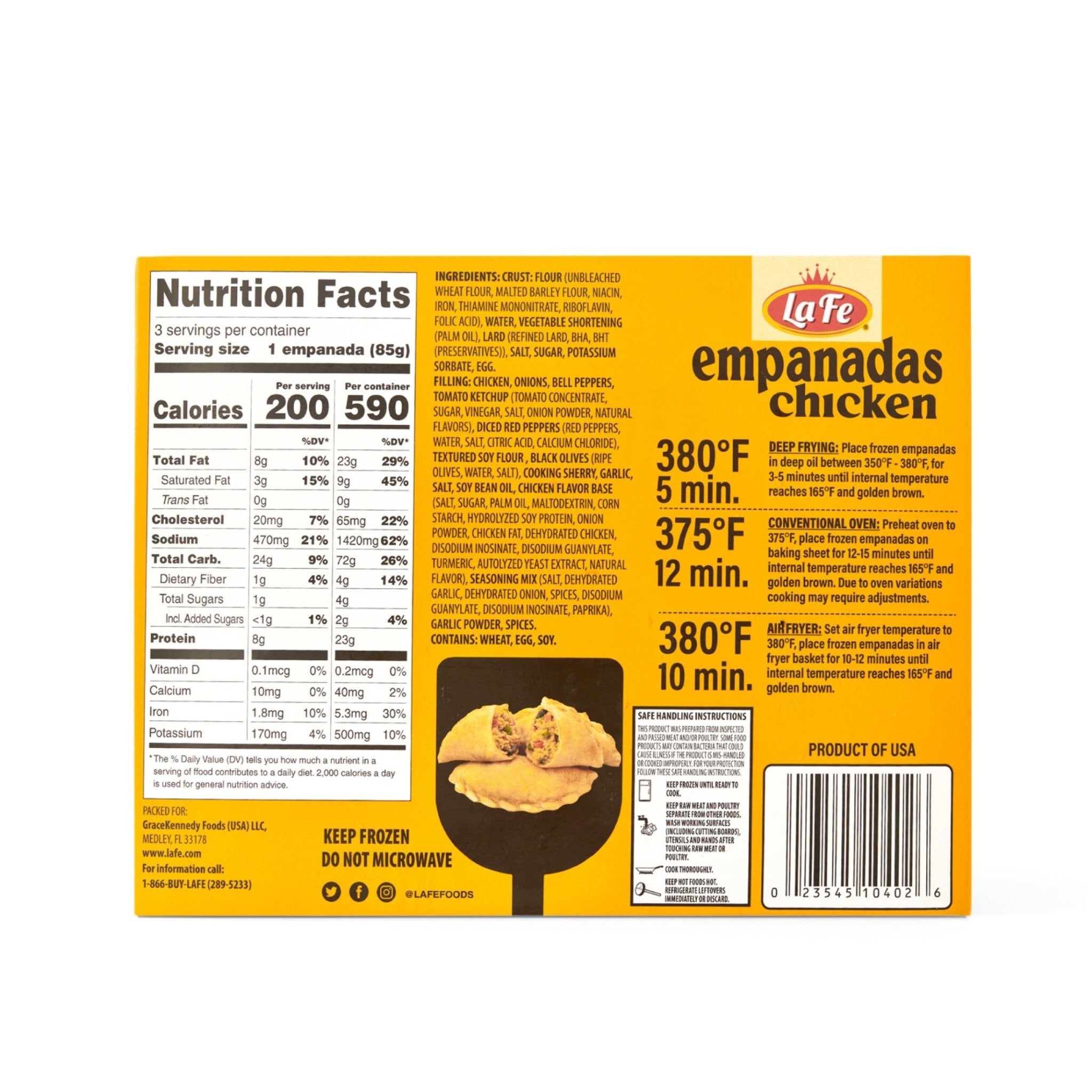 Nutrition facts for LA FE chicken empanadas, a tasty Latin food option with quality ingredients.