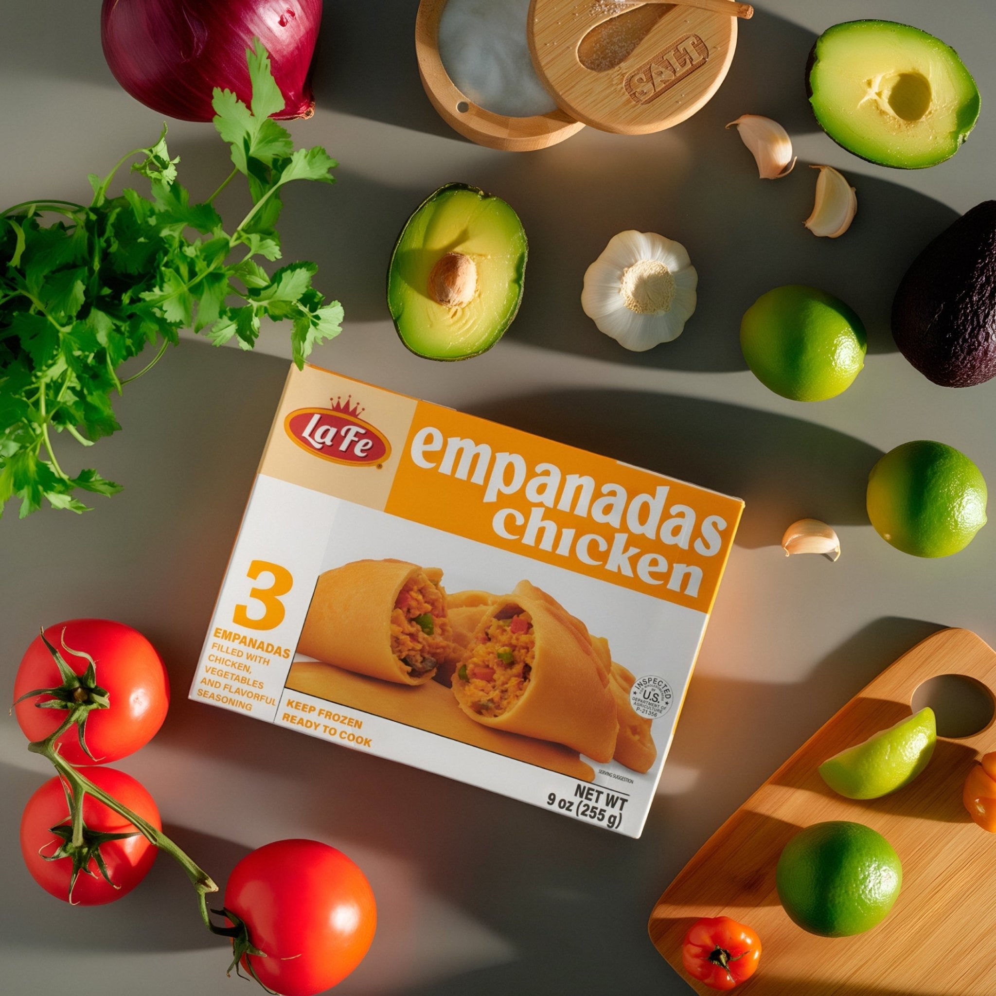 LA FE empanadas chicken box with fresh ingredients showcasing authentic Latin flavors and quality frozen foods.
