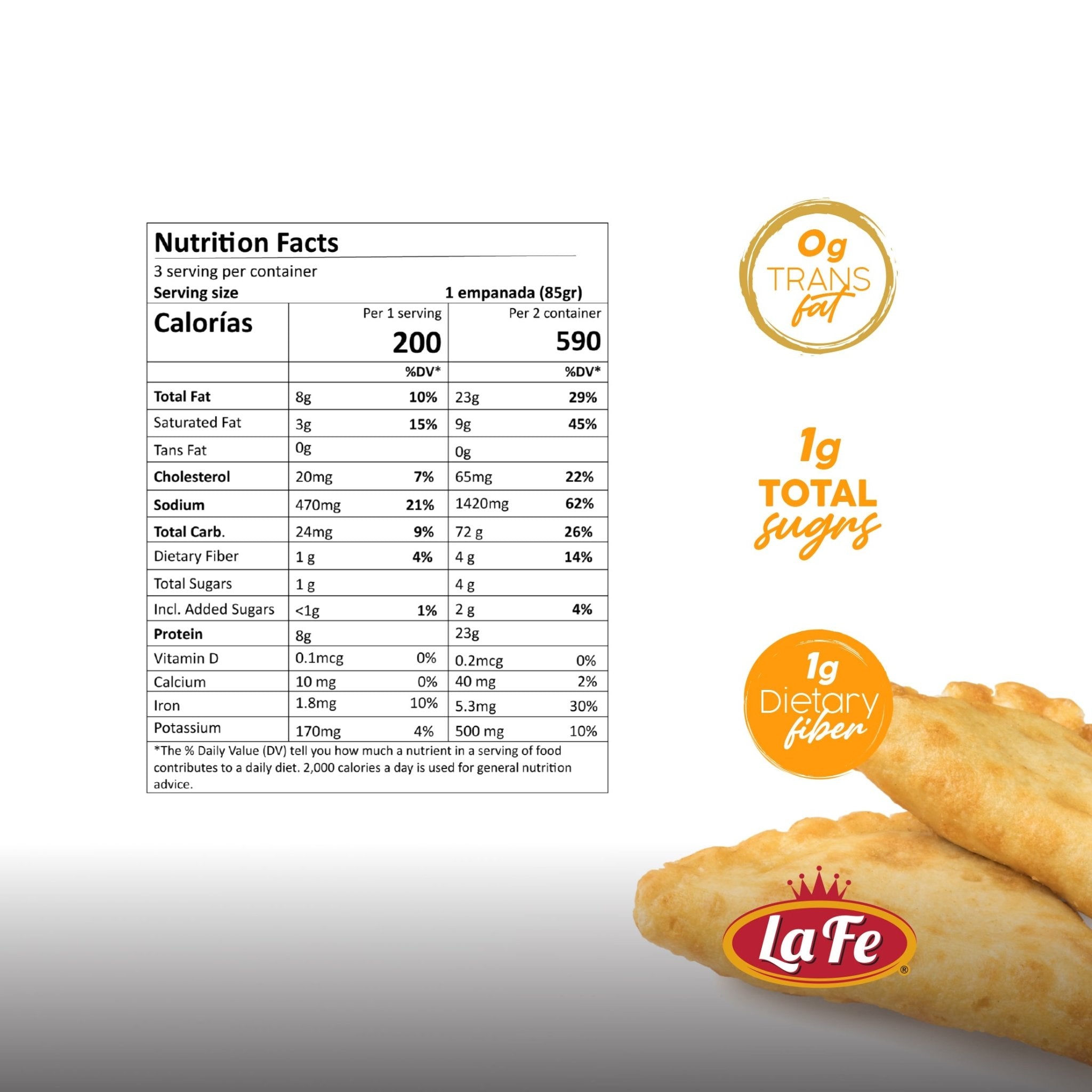 Nutrition facts for LA FE chicken empanadas, highlighting quality ingredients and health benefits for a tasty latin food option.