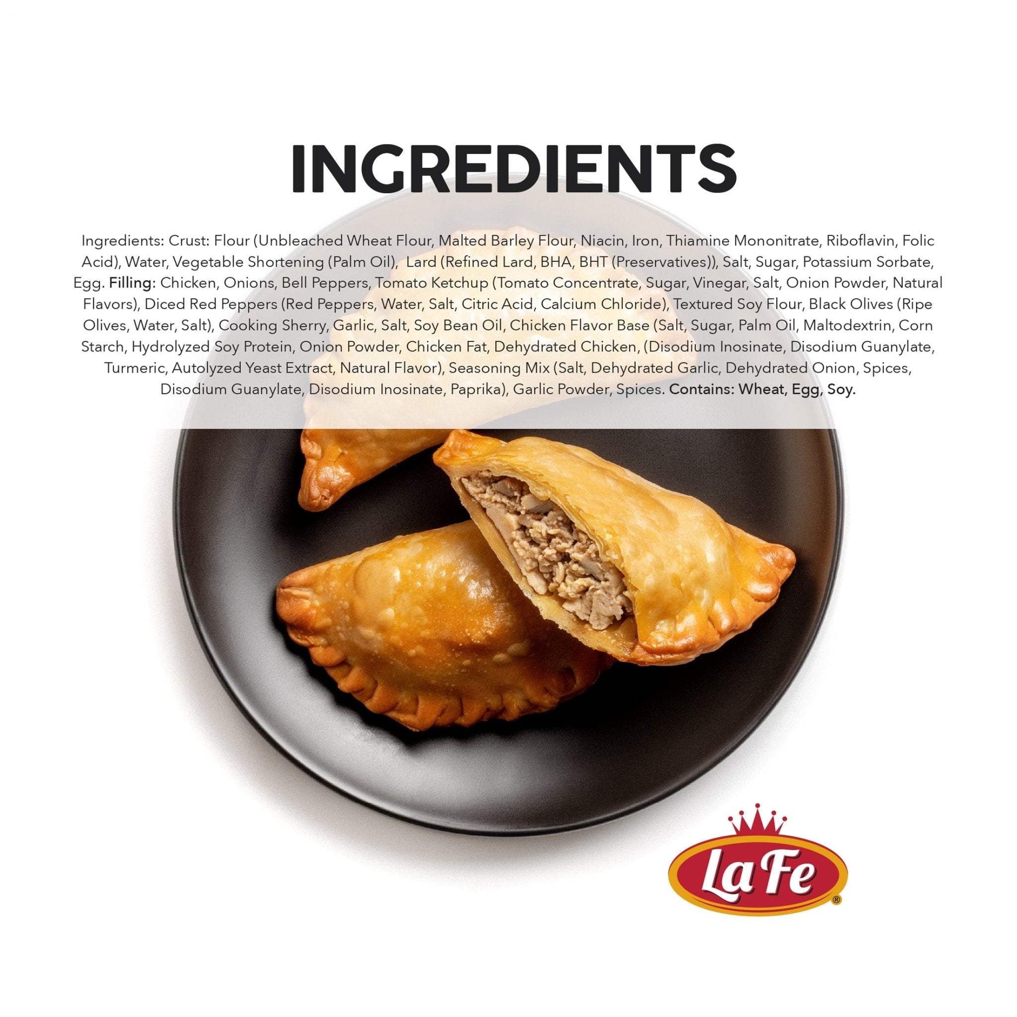 Ingredients of La Fe Chicken Empanadas, featuring high-quality, authentic Latin flavors for a tasty meal.
