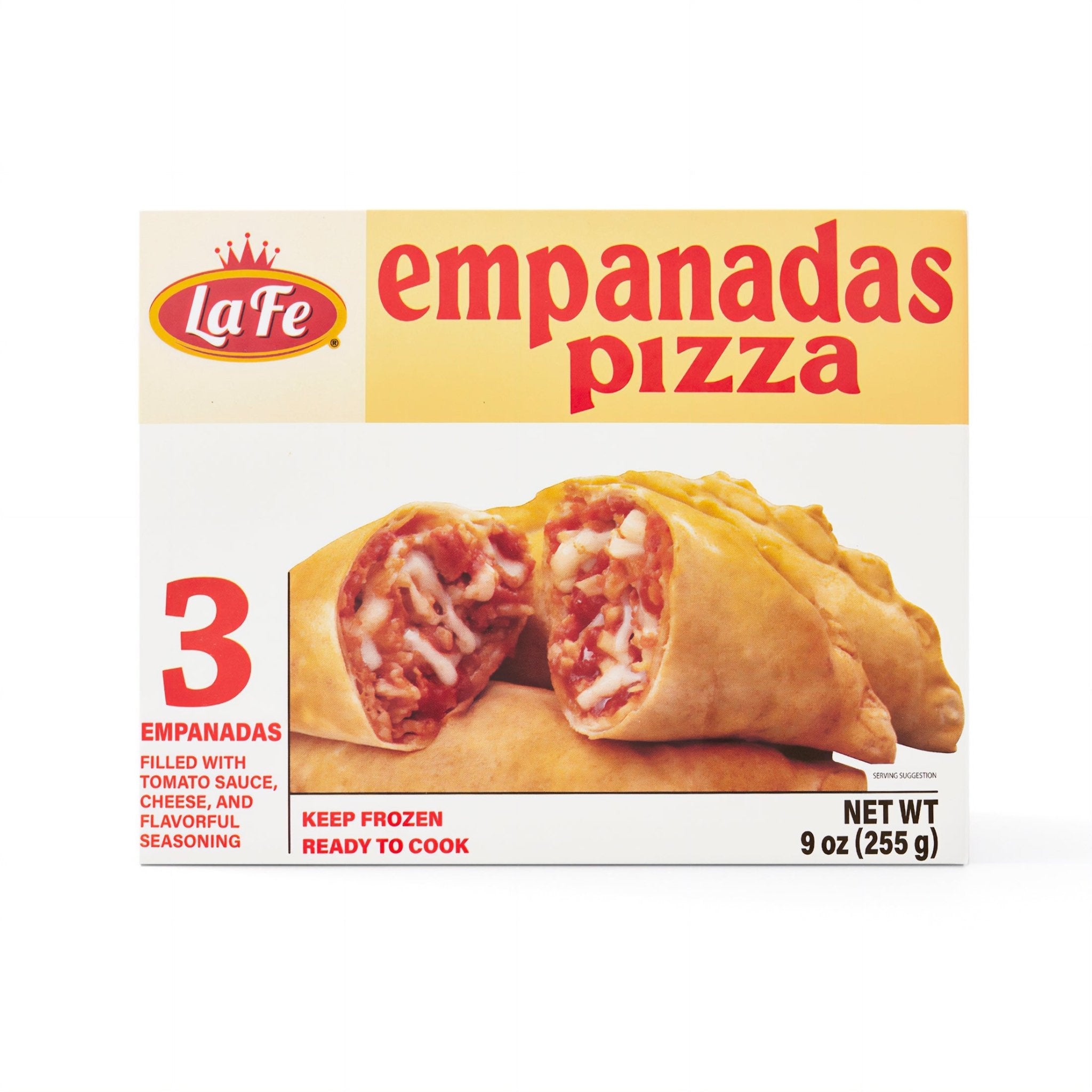 La Fe Pizza Empanadas box, 9 oz, frozen Latin food with cheese, tomato sauce, and spices for quick meals.