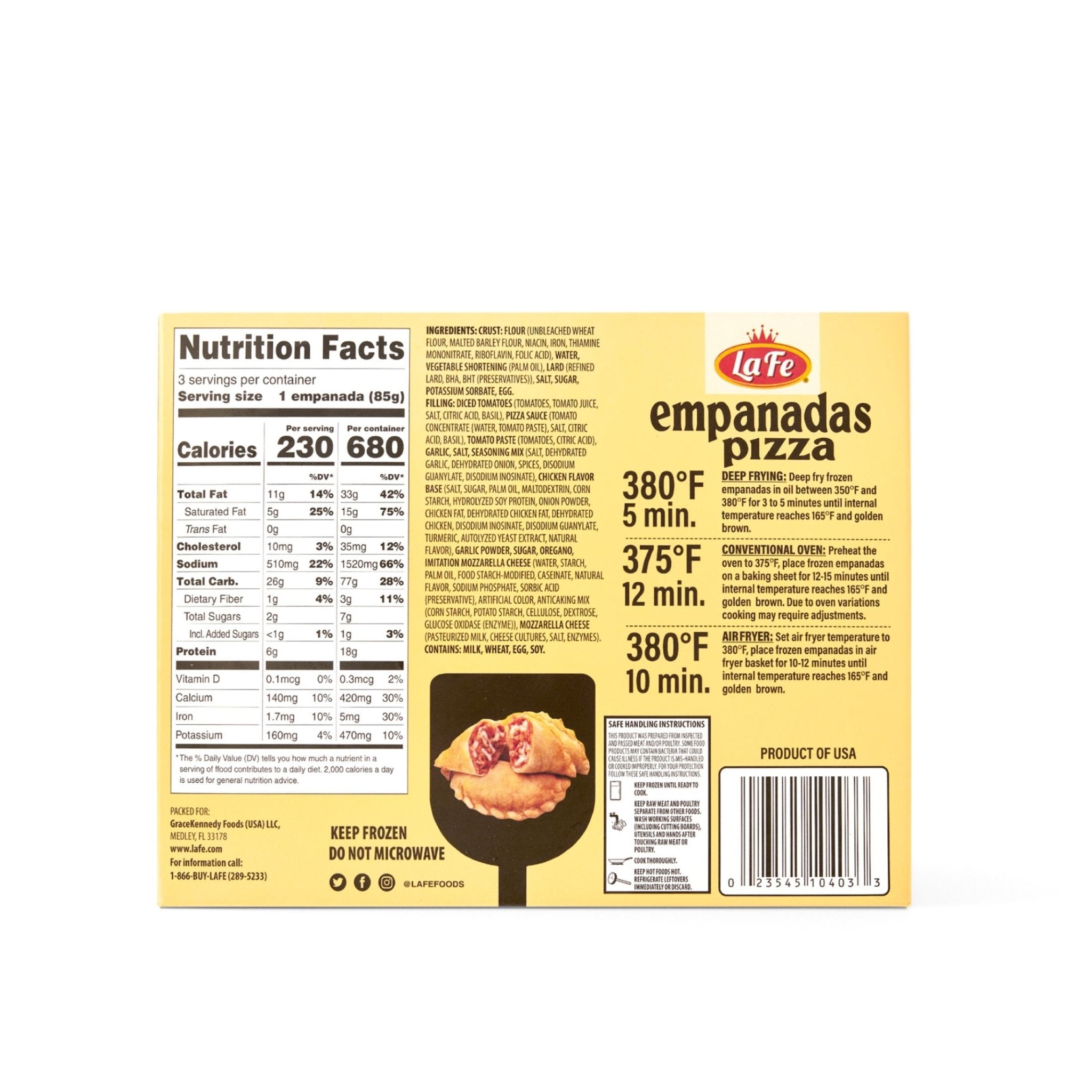 La Fe empanadas pizza package showcasing nutrition facts and cooking instructions for quality latin frozen foods.