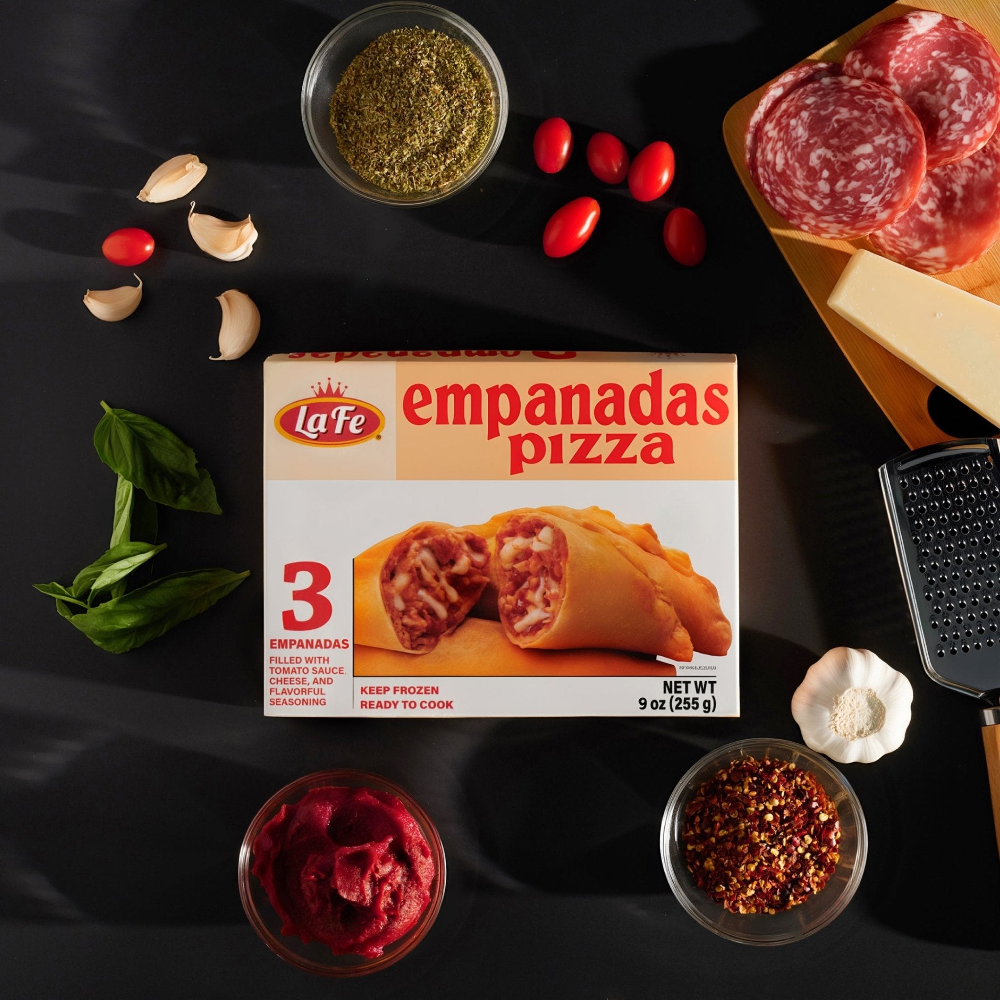La Fe frozen pizza empanadas packed with quality ingredients and tropical flavors for a quick Latin meal.