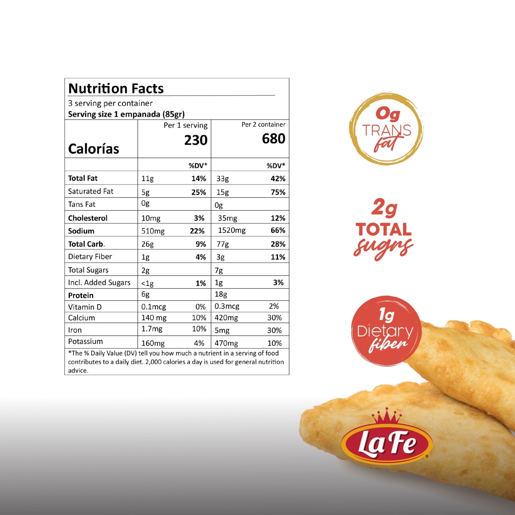 Nutrition facts for La Fe Empanadas Pizza, showcasing quality ingredients for tasty frozen meals.