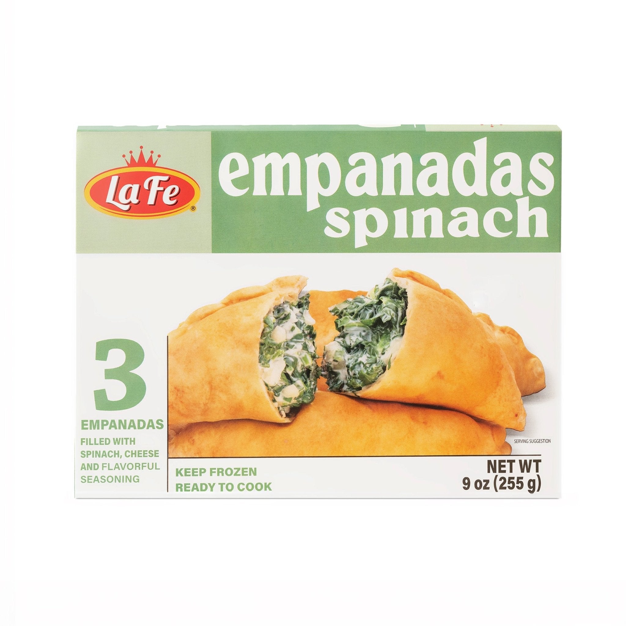 La Fe Spinach Empanadas 9 oz package, featuring three savory empanadas, ideal for quick meals and authentic Latin flavors.