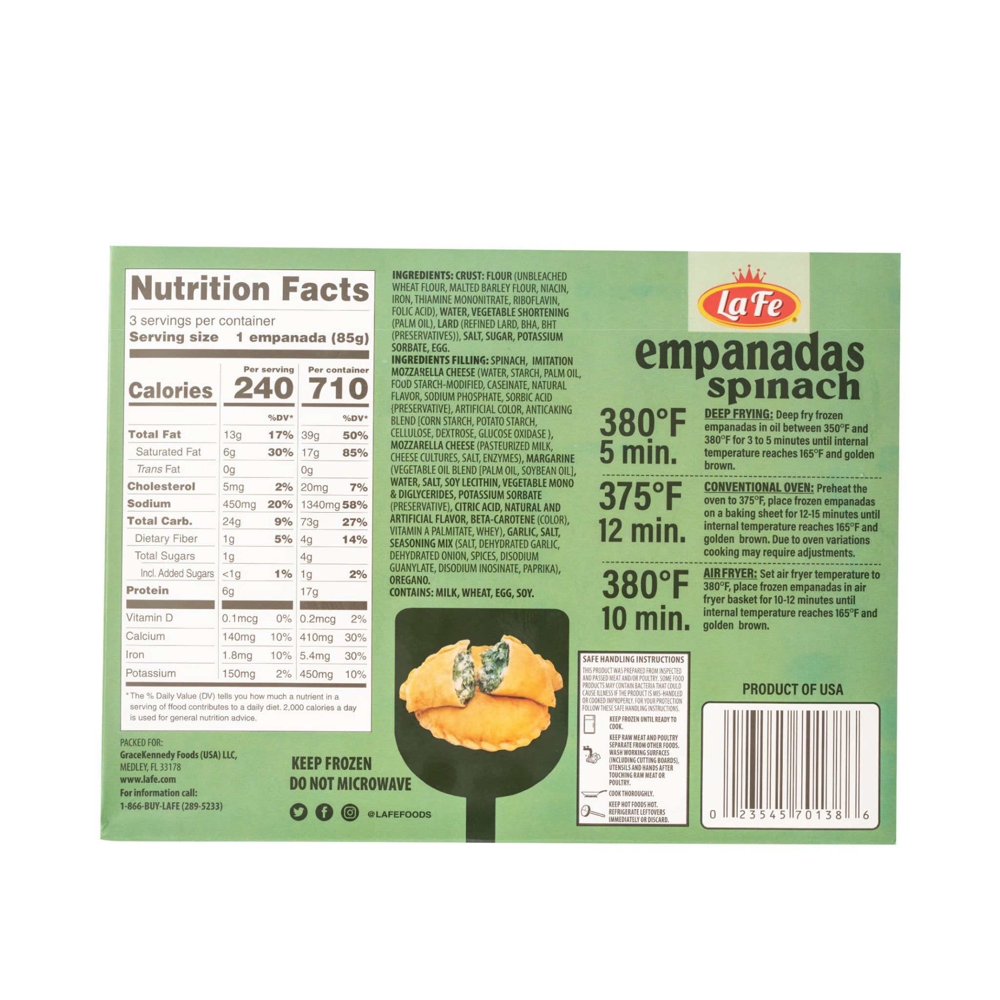 La Fe Spinach Empanadas 9 oz package showcasing nutrition facts and preparation instructions for quality Latin food.