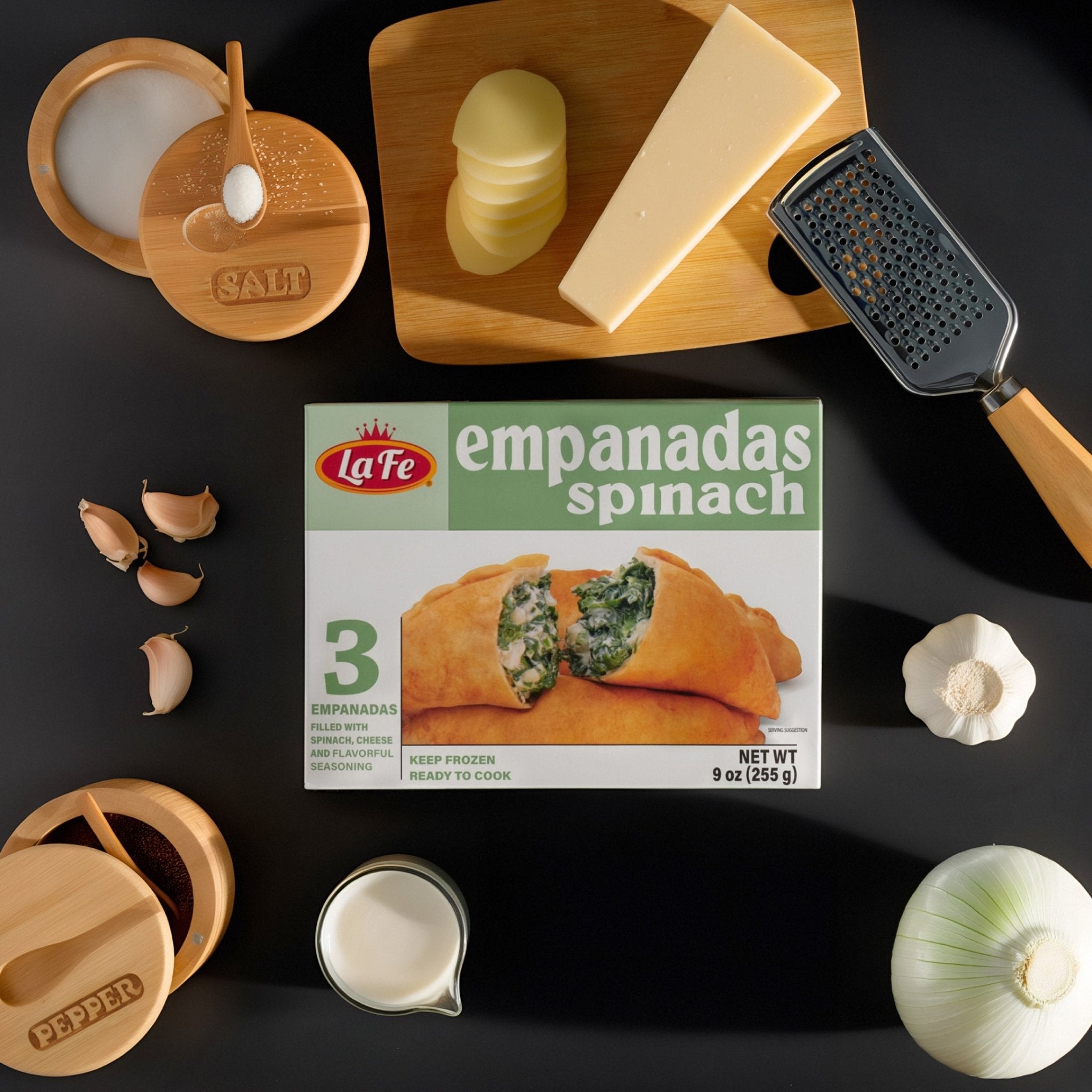 La Fe Spinach Empanadas 9 oz package with fresh ingredients, ideal for authentic Latin food and snack choices.