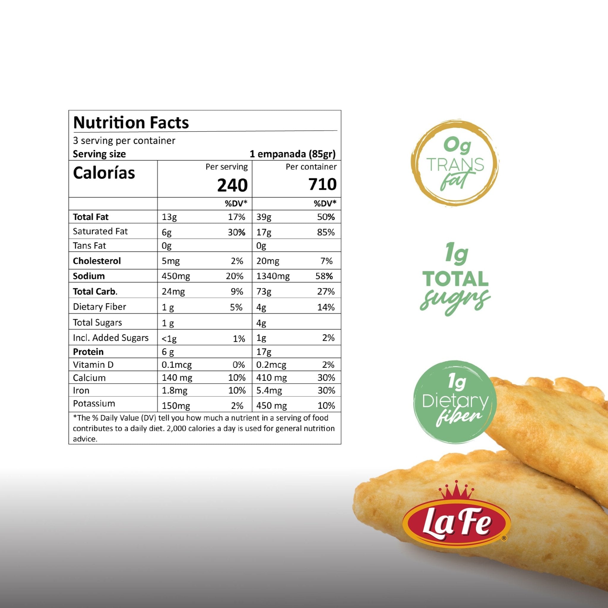Nutrition facts for La Fe Spinach Empanadas showing calories, fats, sugars, and nutrients for a quality Latin food product.