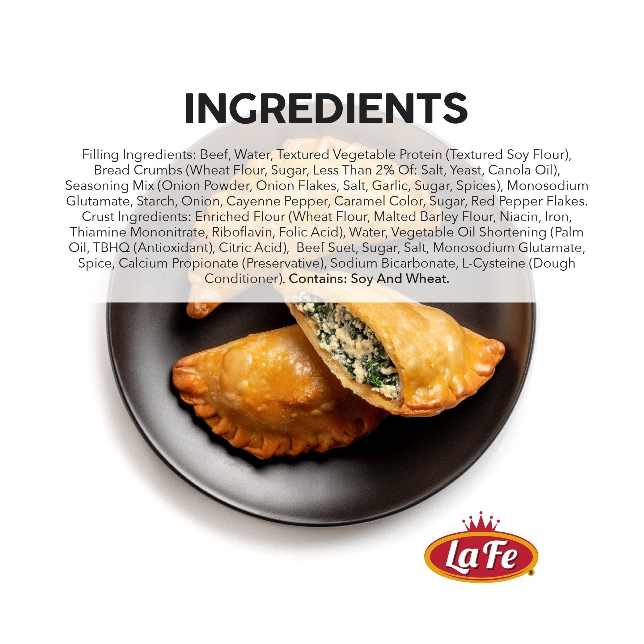 La Fe Empanadas ingredients list featuring spinach and savory beef for authentic Latin food experience.