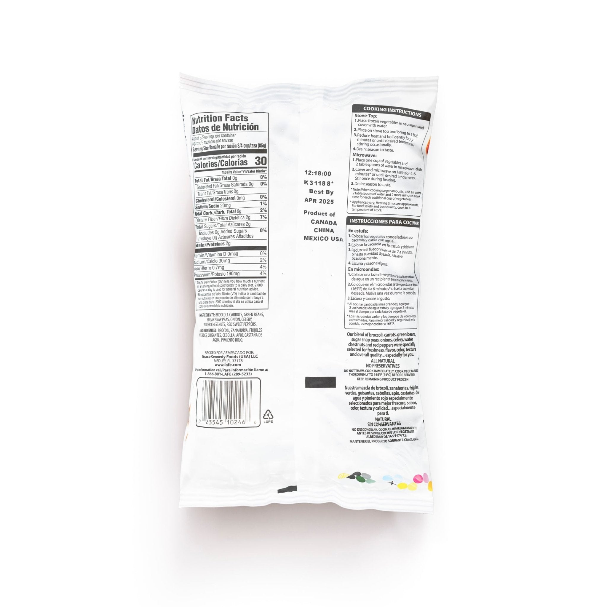 Back packaging of La Fe Stir Veg, showcasing nutrition facts and ingredients for quality Latin food.