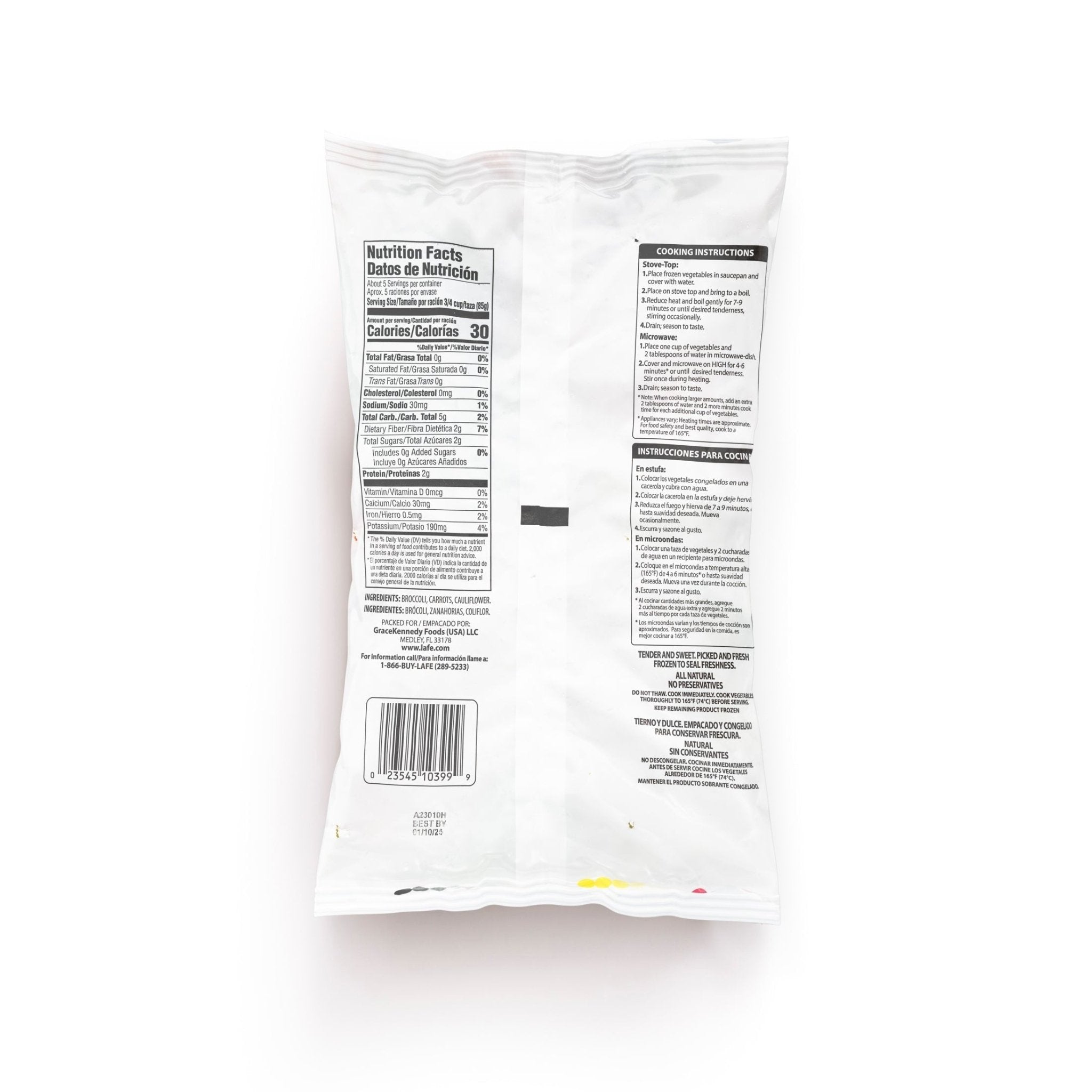 Back of La Fe Blend California package showcasing nutrition facts and ingredients list for authentic Latin food.