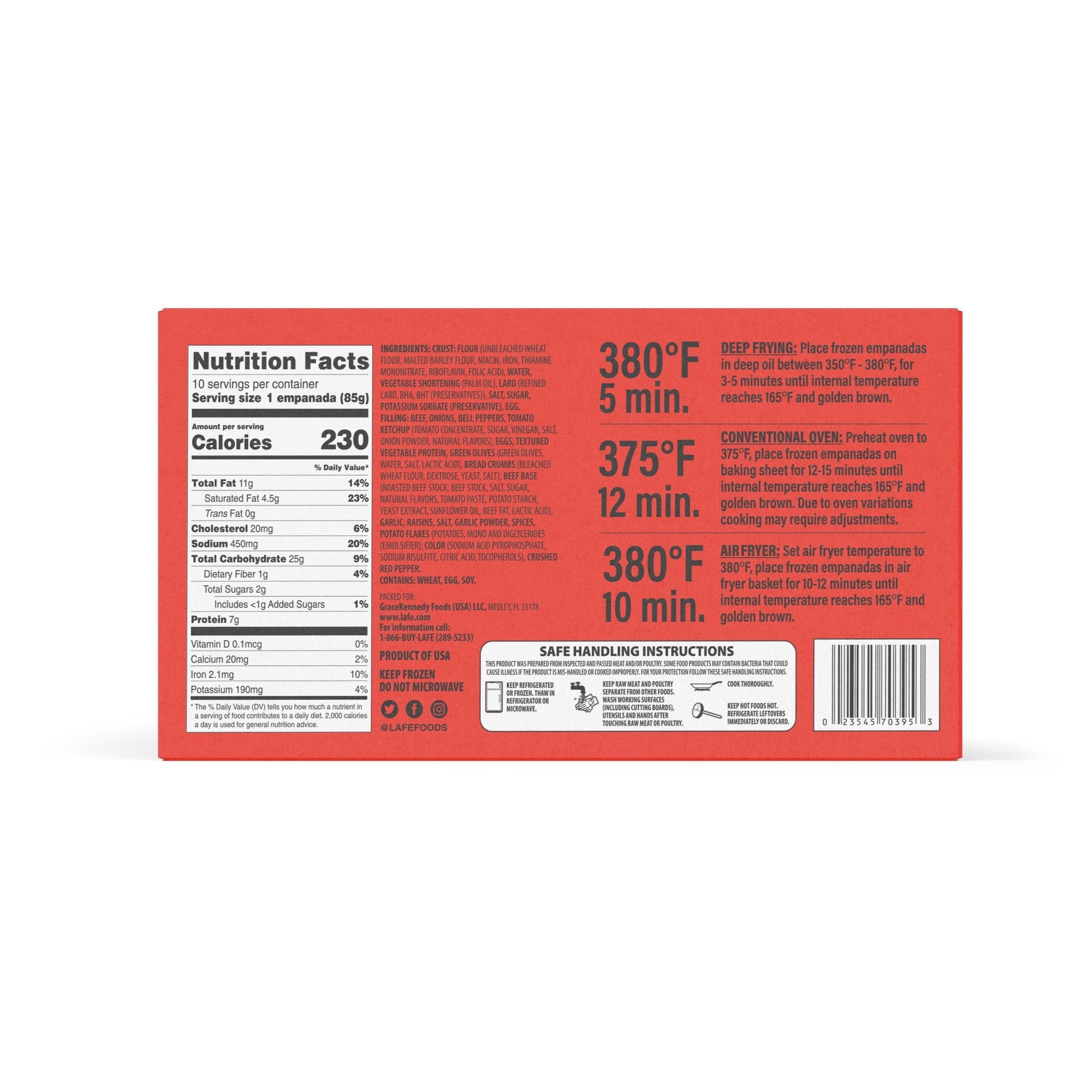 Nutrition facts and cooking instructions for LA FE Beef Empanadas, a delicious option for quality Latin food.