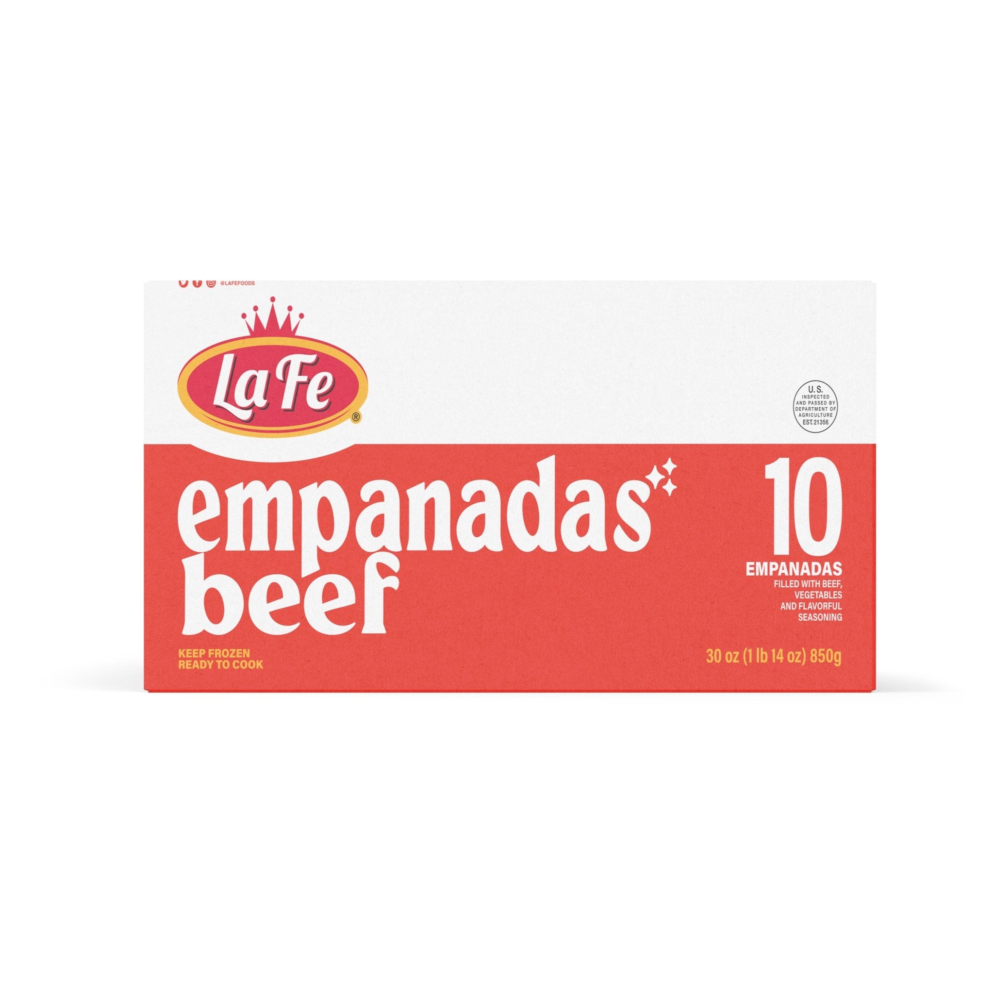 LA FE beef empanadas 10-count box, perfect for quick meals and flavorful Latin American cuisine.