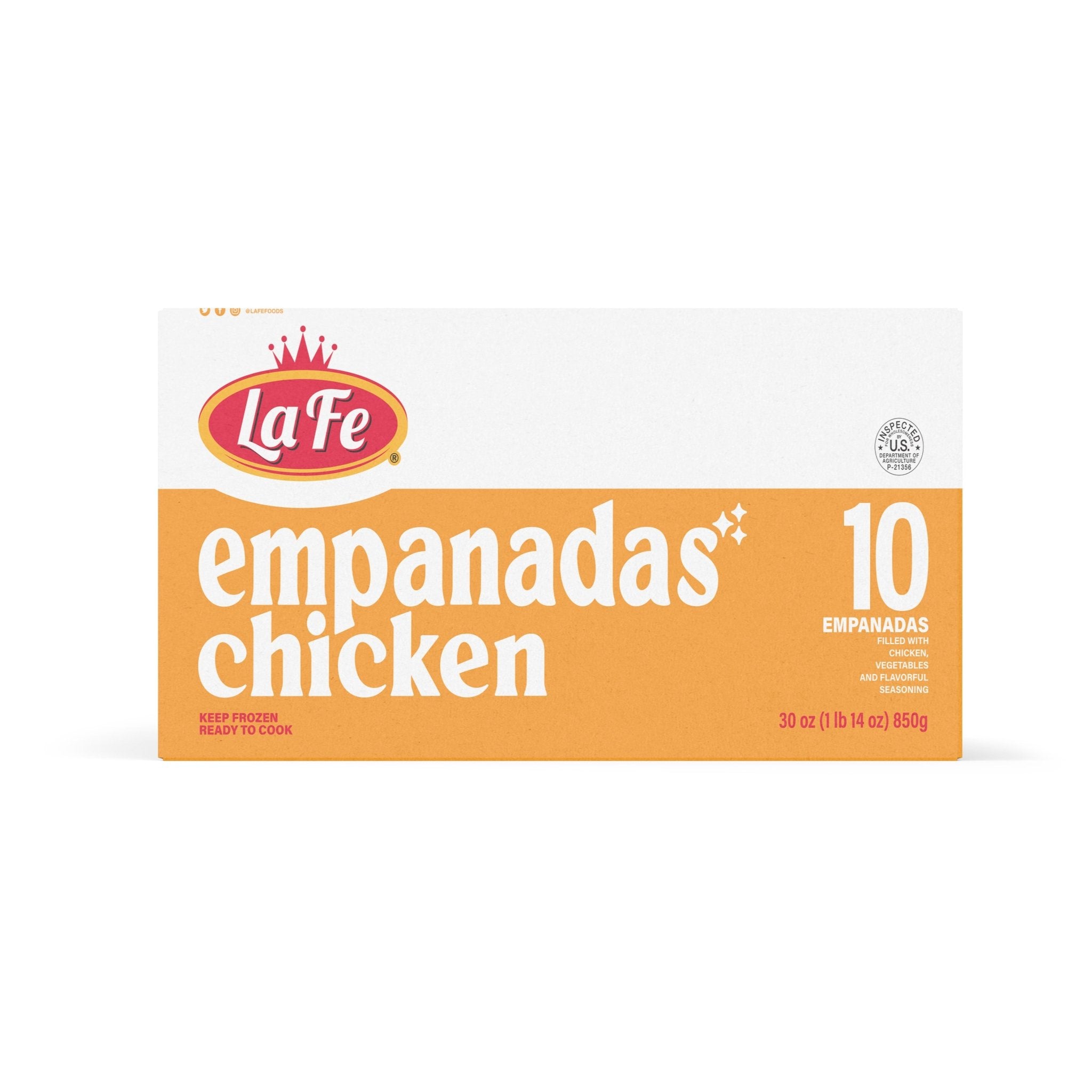 LA FE EMPANADAS CHICKEN box, 10 pieces of authentic Latin food, perfect for a quick, delicious meal.