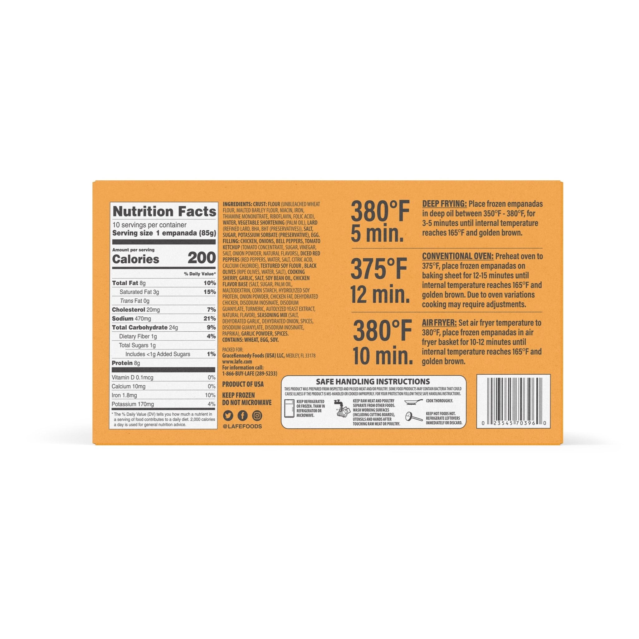 Nutrition facts and cooking instructions for LA FE Chicken Empanadas, a tasty choice for authentic Latin food.