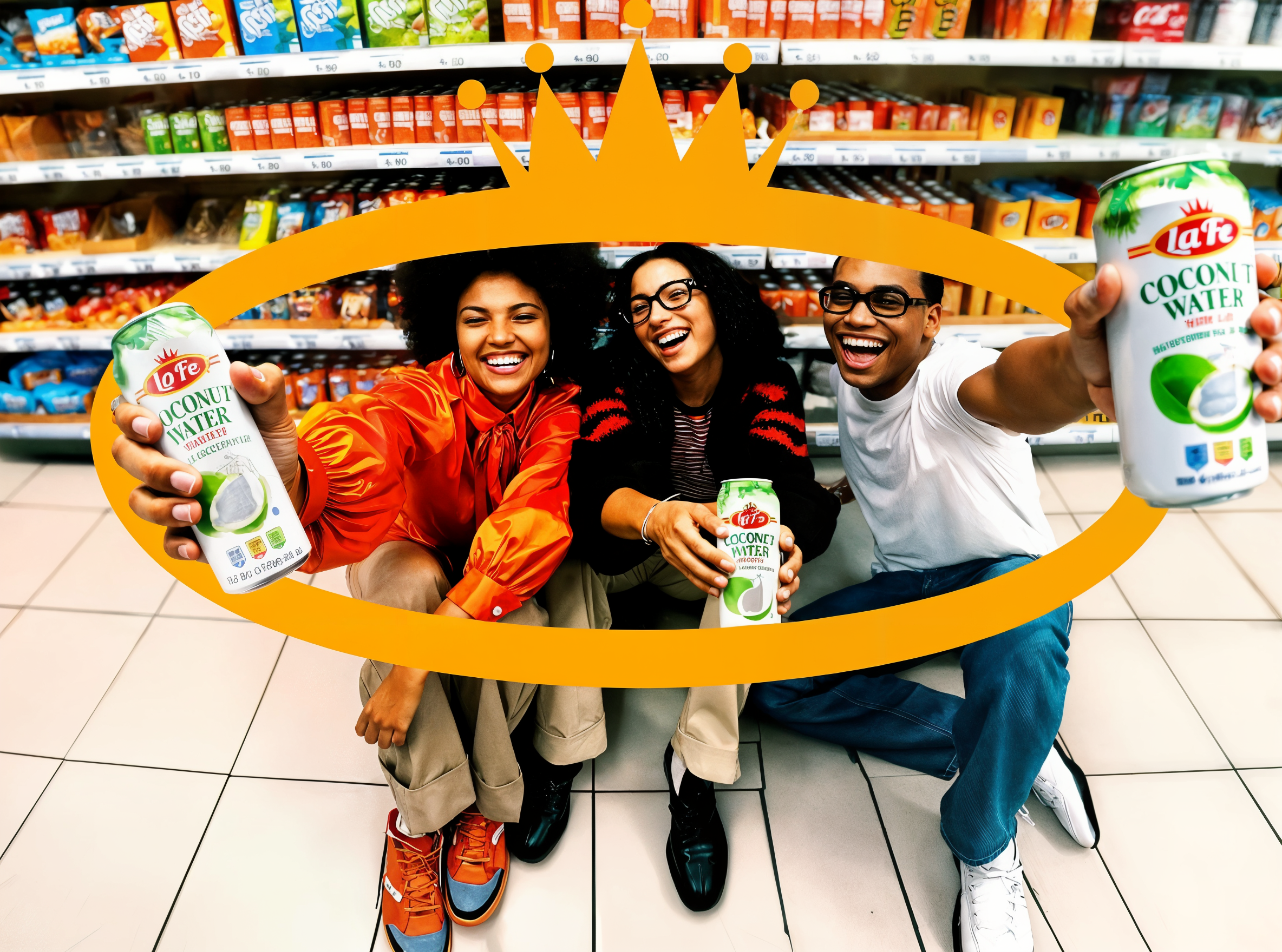 Friends enjoying La Fe coconut water at a Latin grocery store, showcasing quality Latin foods and tropical flavors.