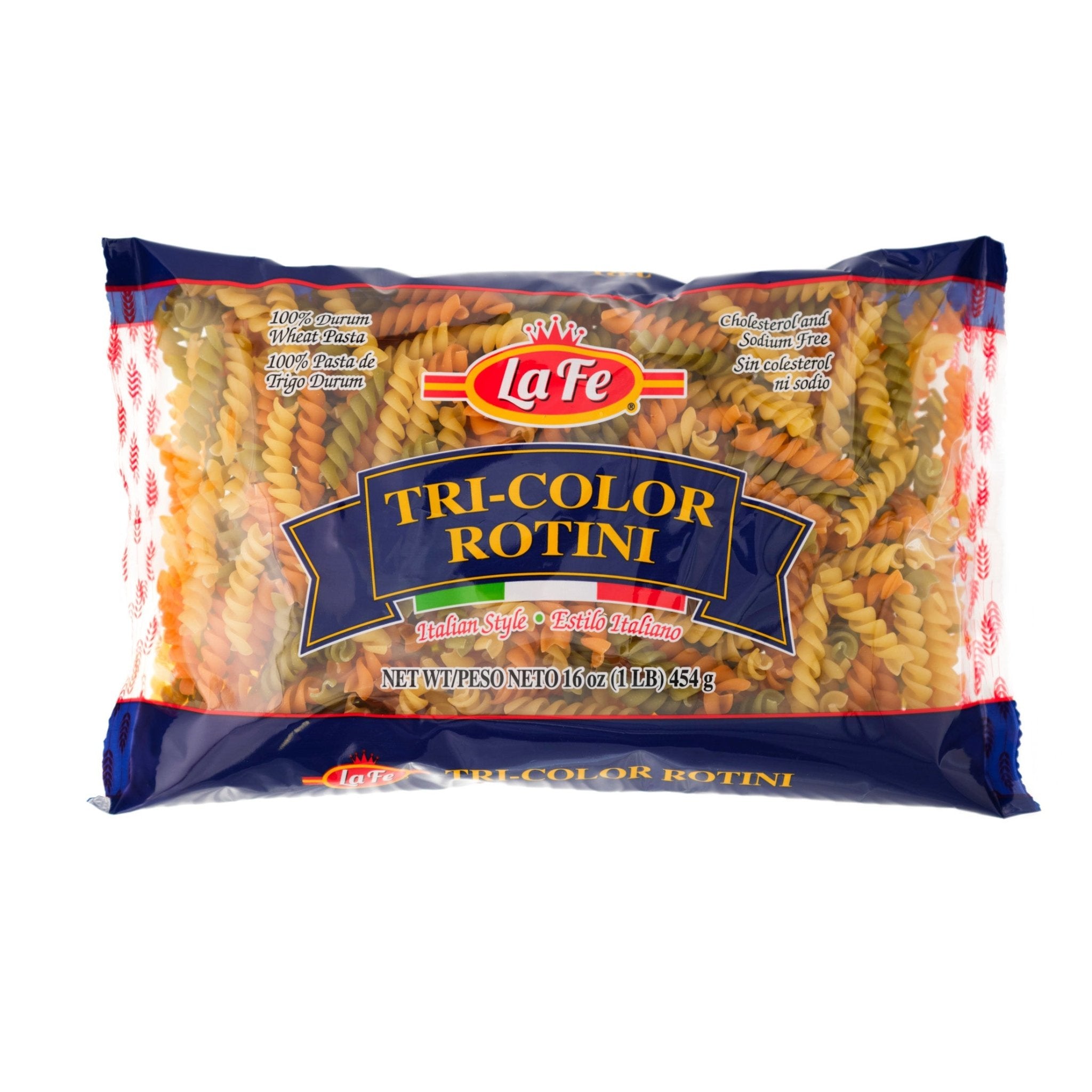 La Fe Tri-Color Rotini pasta package, a quality Latin food to enhance your meals with vibrant flavors.