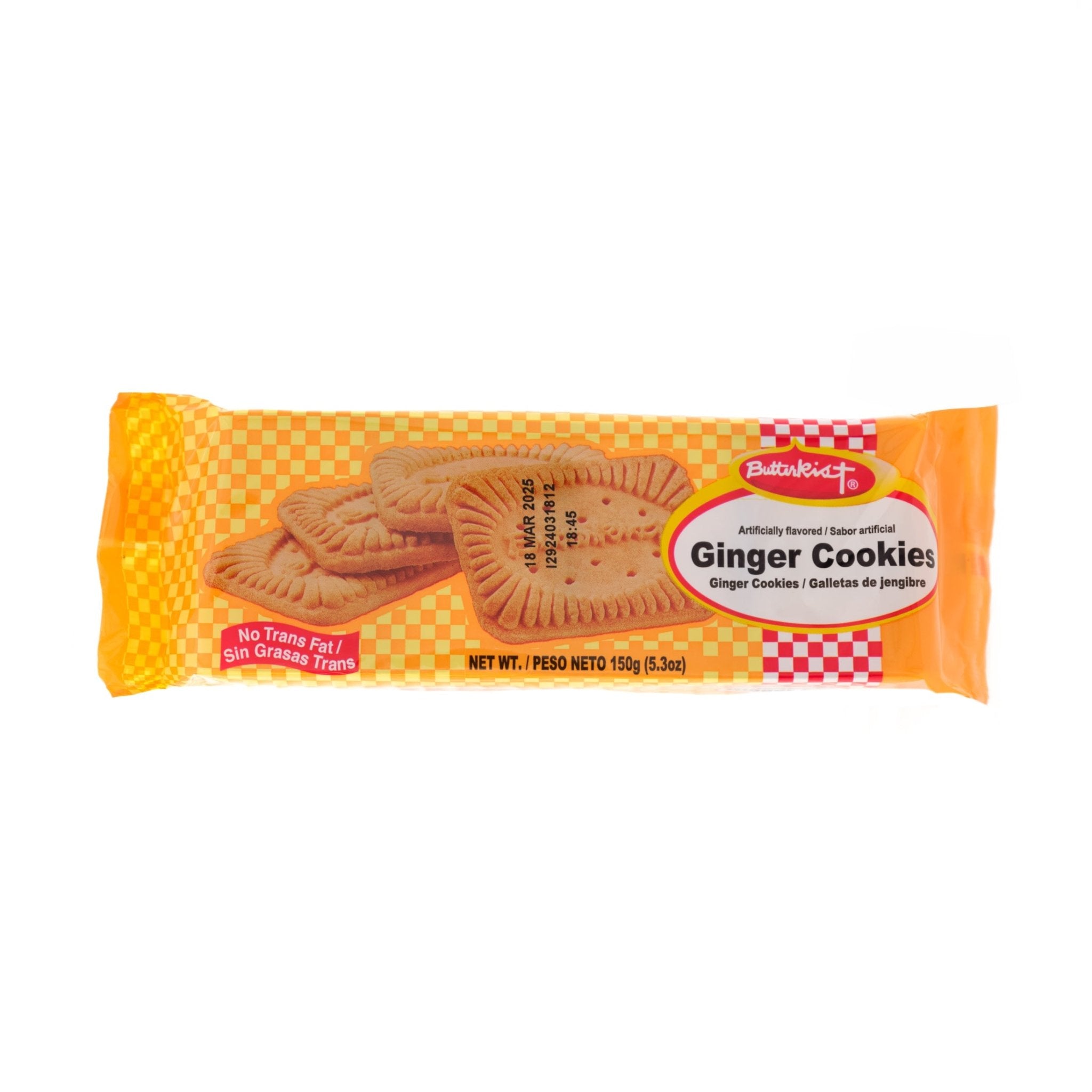 Butterkist Ginger Cookies pack featuring 150g of crunchy, gourmet cookies with authentic ginger flavor. Perfect for sharing!