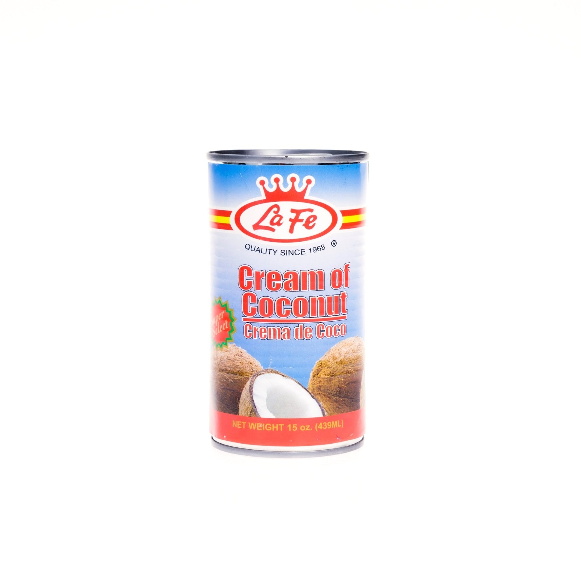 La Fe Coco Cream can, a creamy coconut ingredient perfect for authentic Latin food and recipes, 15 oz.