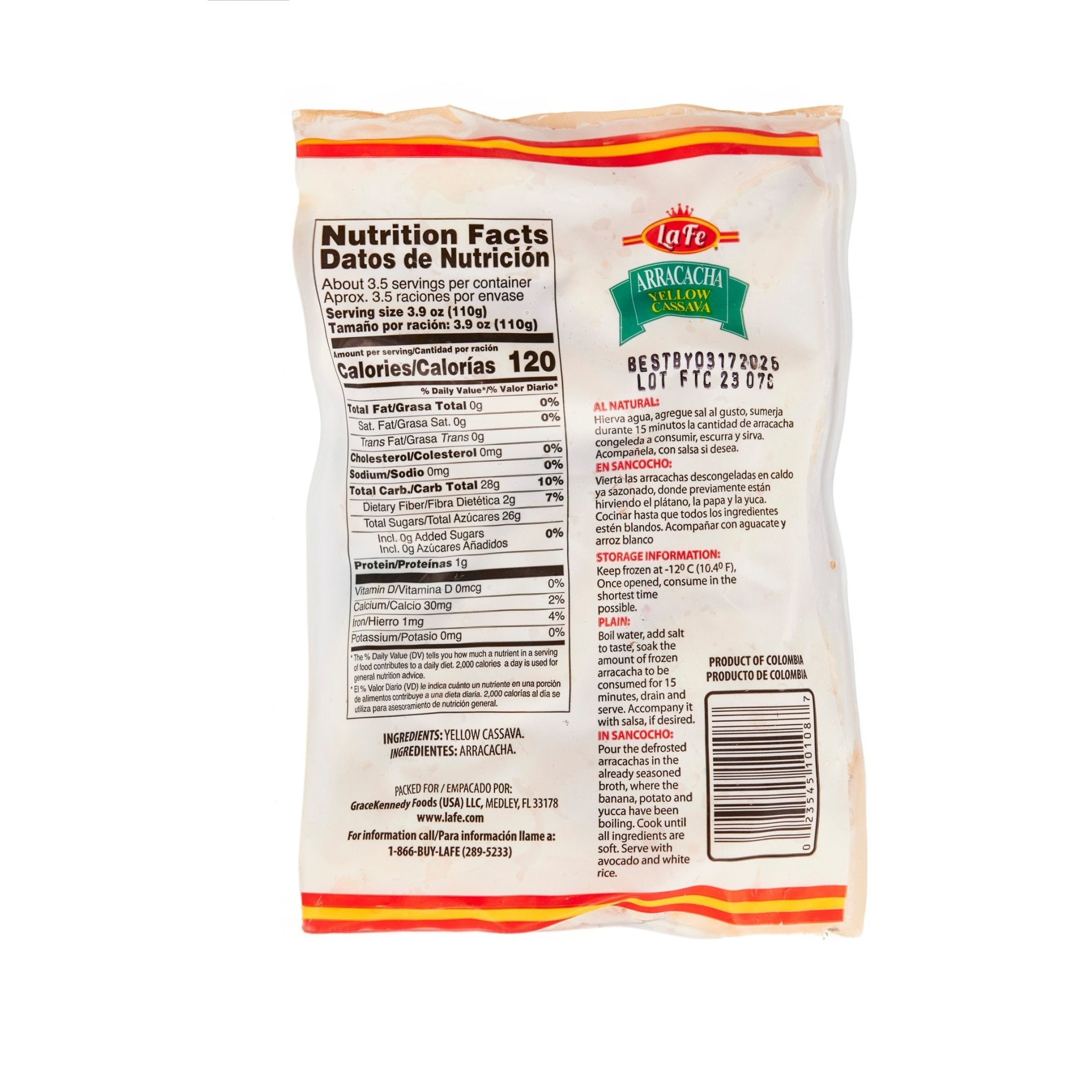 Nutrition facts for La Fe Arracacha, a quality Latin food product, perfect for adding authentic tropical flavors to your meals.