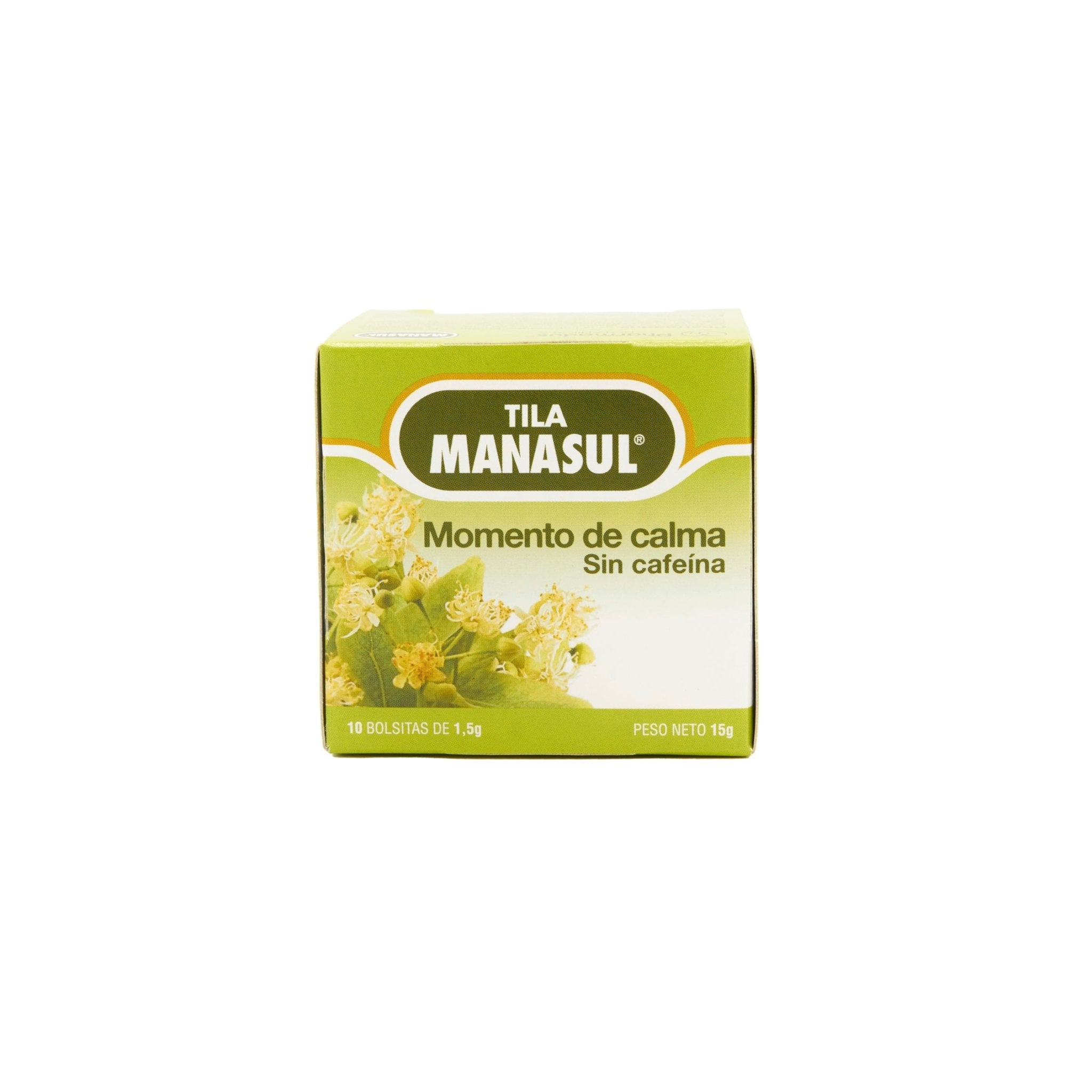 Tila Manasul tea box, 'Momento de calma' caffeine-free, 10 bags of 1.5g for soothing relaxation, authentic Latin flavors.