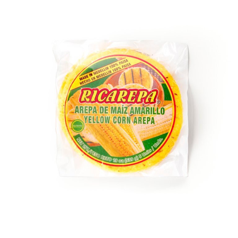 RICAREPA Amarilla arepa made from authentic yellow corn, perfect for delicious Latin meals and recipes.