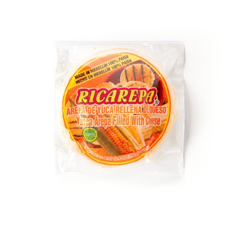 RICAREPA Yuca Arepa with Cheese, authentic Latin food, gluten-free, tasty frozen snacks, buy Latin food online.