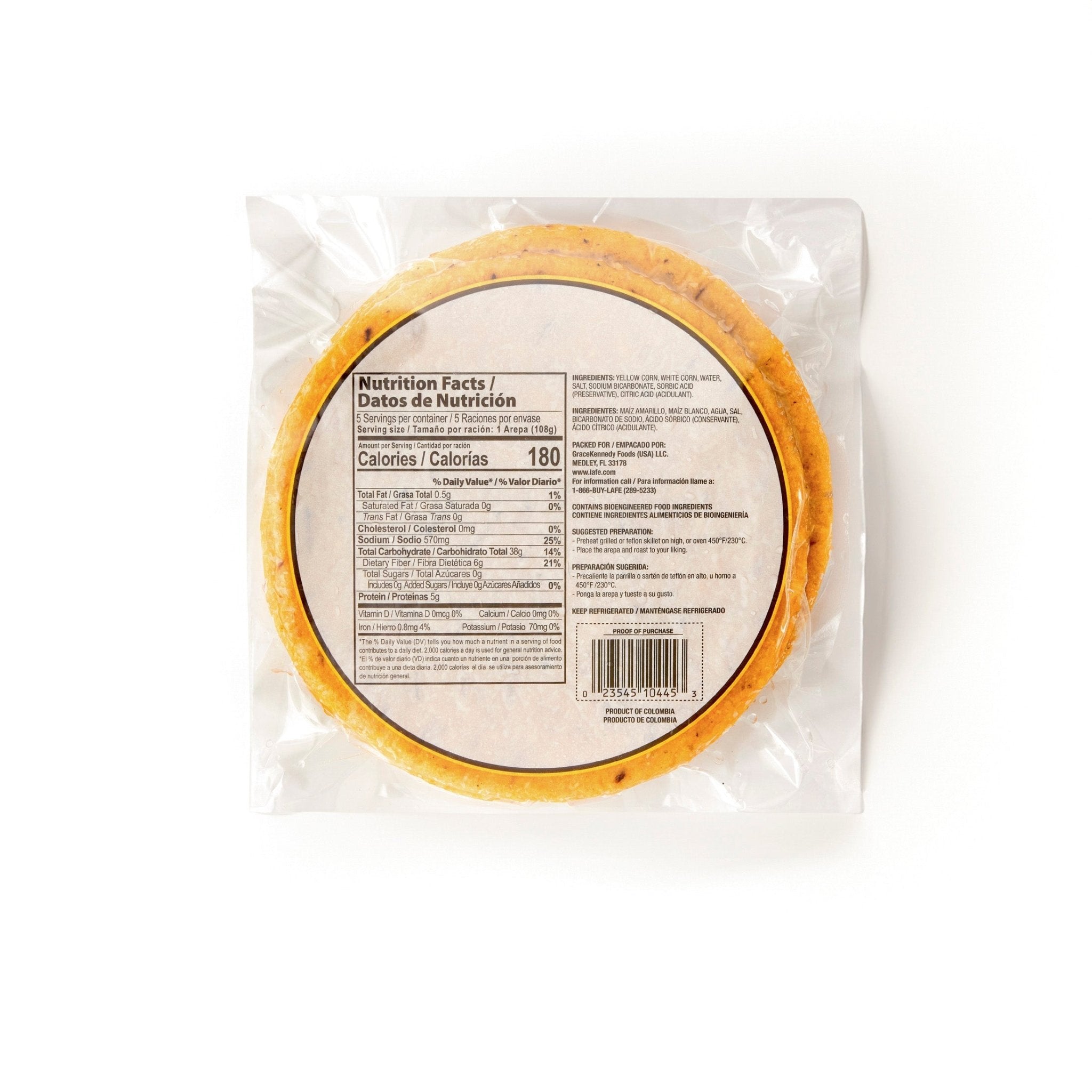 Nutrition facts label on RICAREPA Arepa de Mote packaging, showcasing quality Latin food in USA.