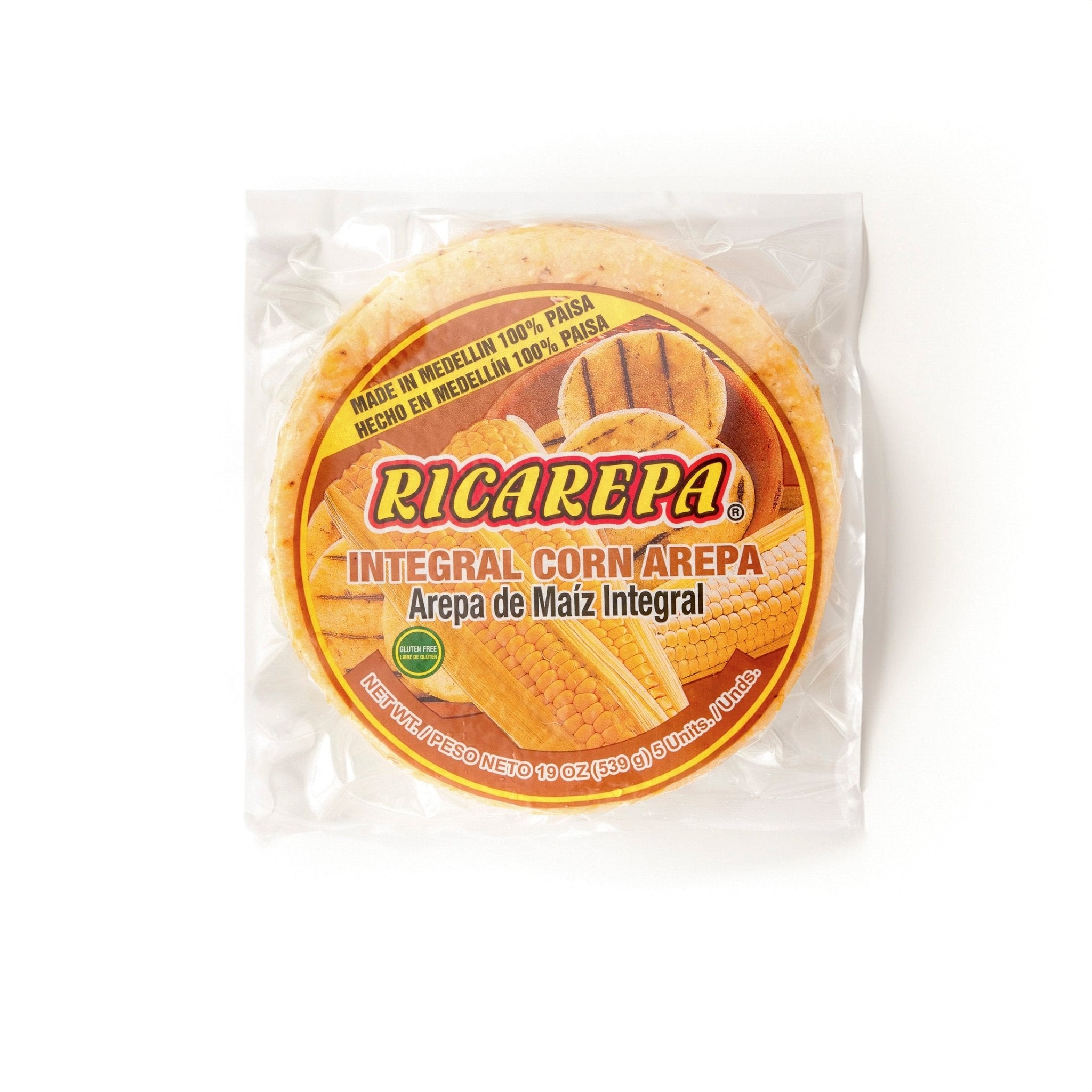 RICAREPA integral corn arepa, a healthy Latin food made with 100% stone ground whole grain flour.