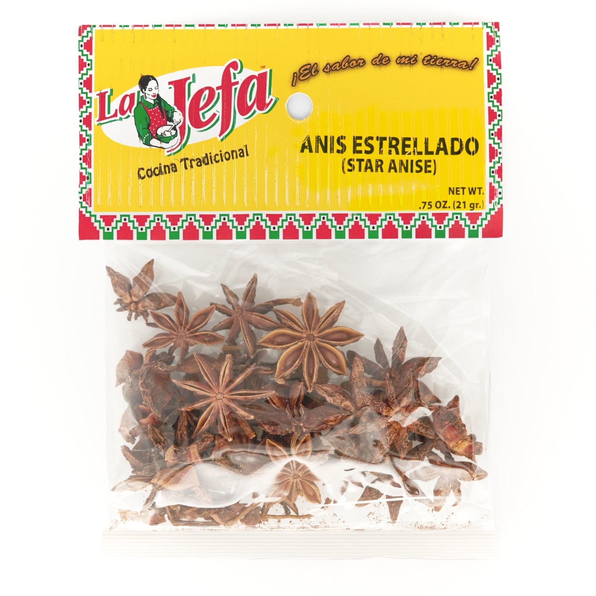 LA JEFA ANIS ESTRELLA 0.75 oz bag featuring star anise, a vibrant spice for authentic Latin flavors.