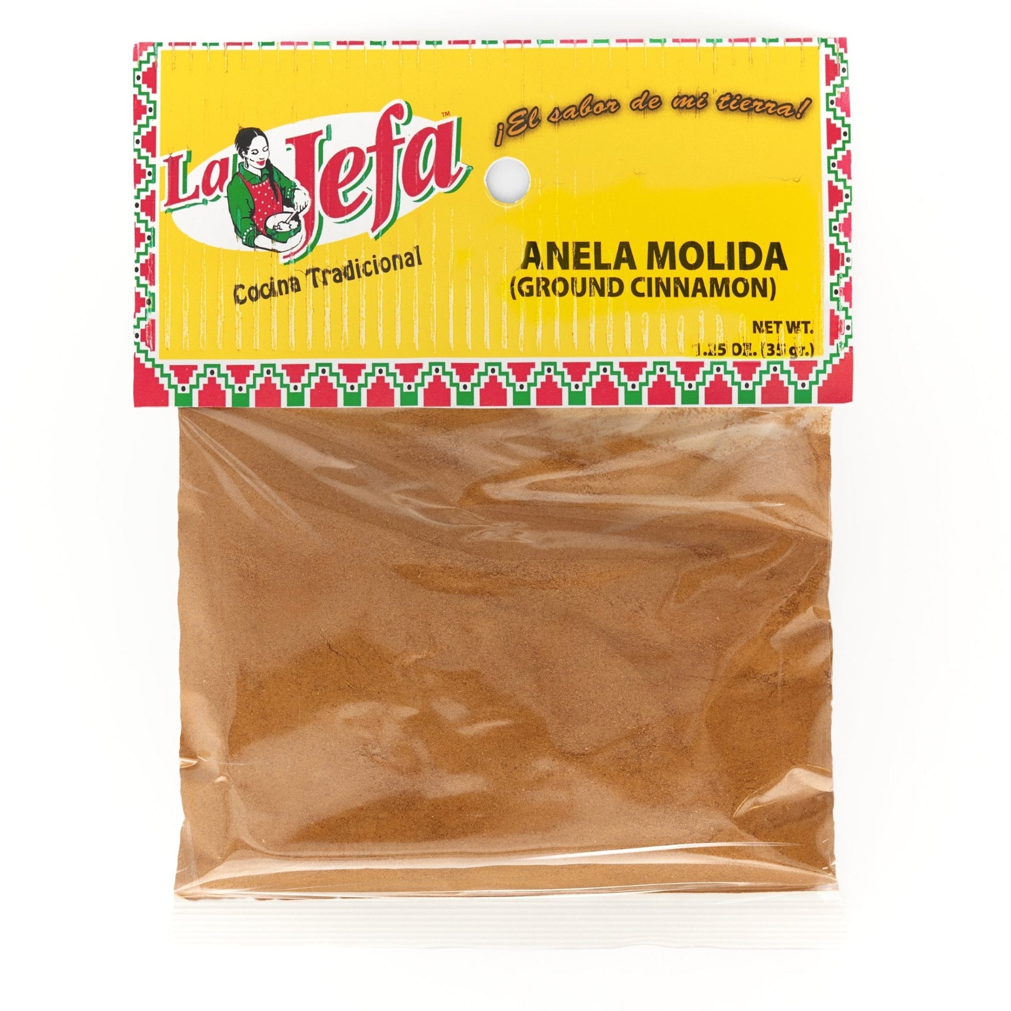 LA JEFA CANELA MOLIDA, 1.75oz ground cinnamon pack for authentic Latin flavors in cooking.