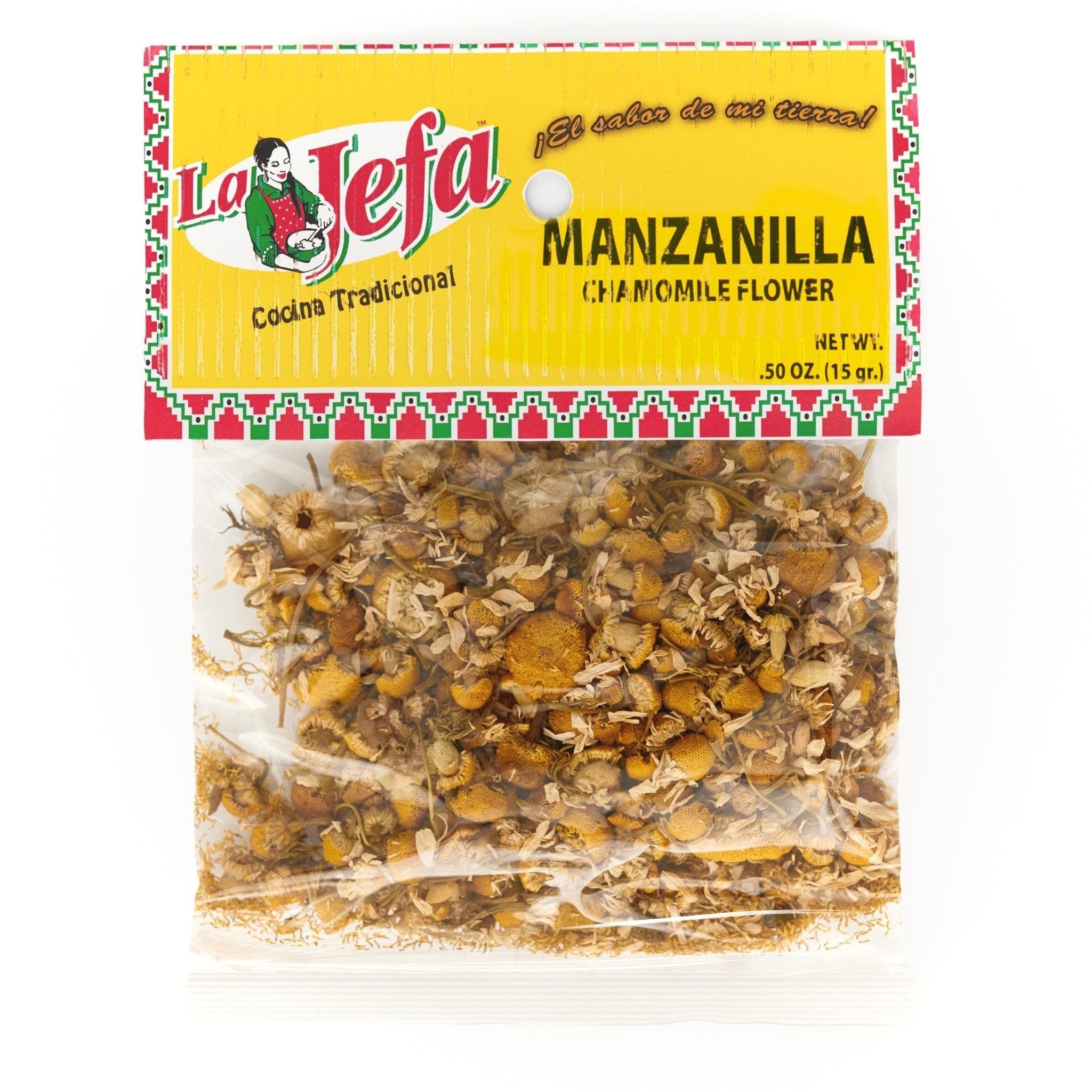 LA JEFA Flor de Manzanilla chamomile flower 0.5 oz, ideal for authentic Latin food and beverages, quality Latin ingredients.