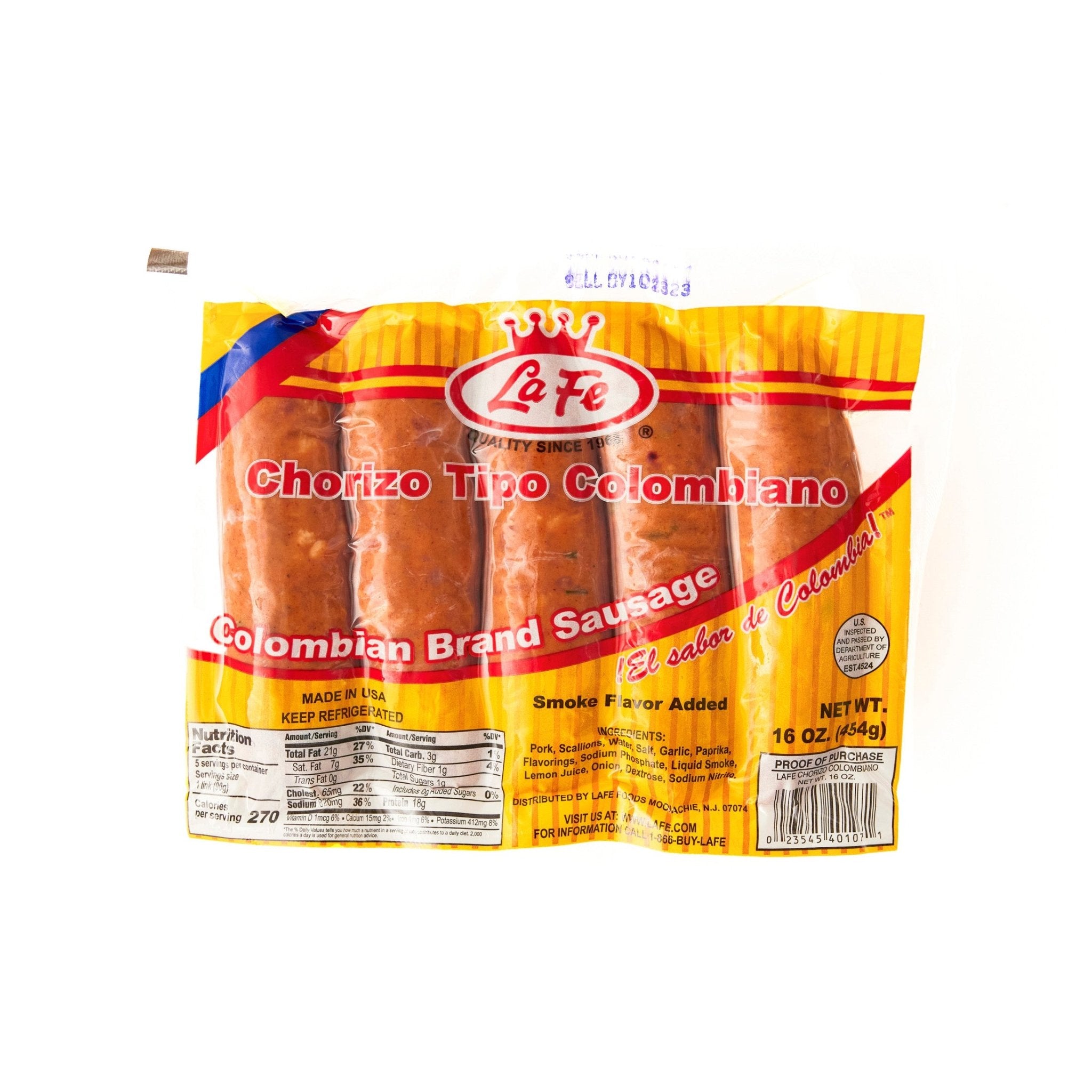 LA FE Chorizo Tipo Colombiano package featuring authentic Colombian sausage, ideal for delicious Latin meals.